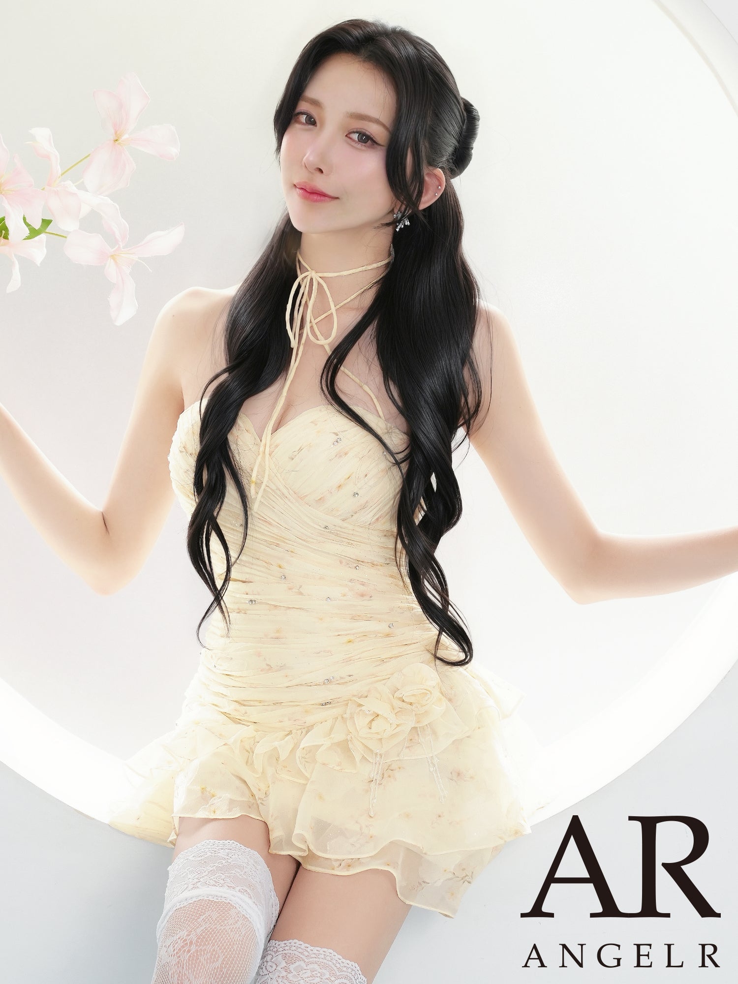 2way ホルターネック ベアトップ ドレープ シャーリング ウエストカット ラメ フリル 花柄 フレアミニドレスのメイン画像