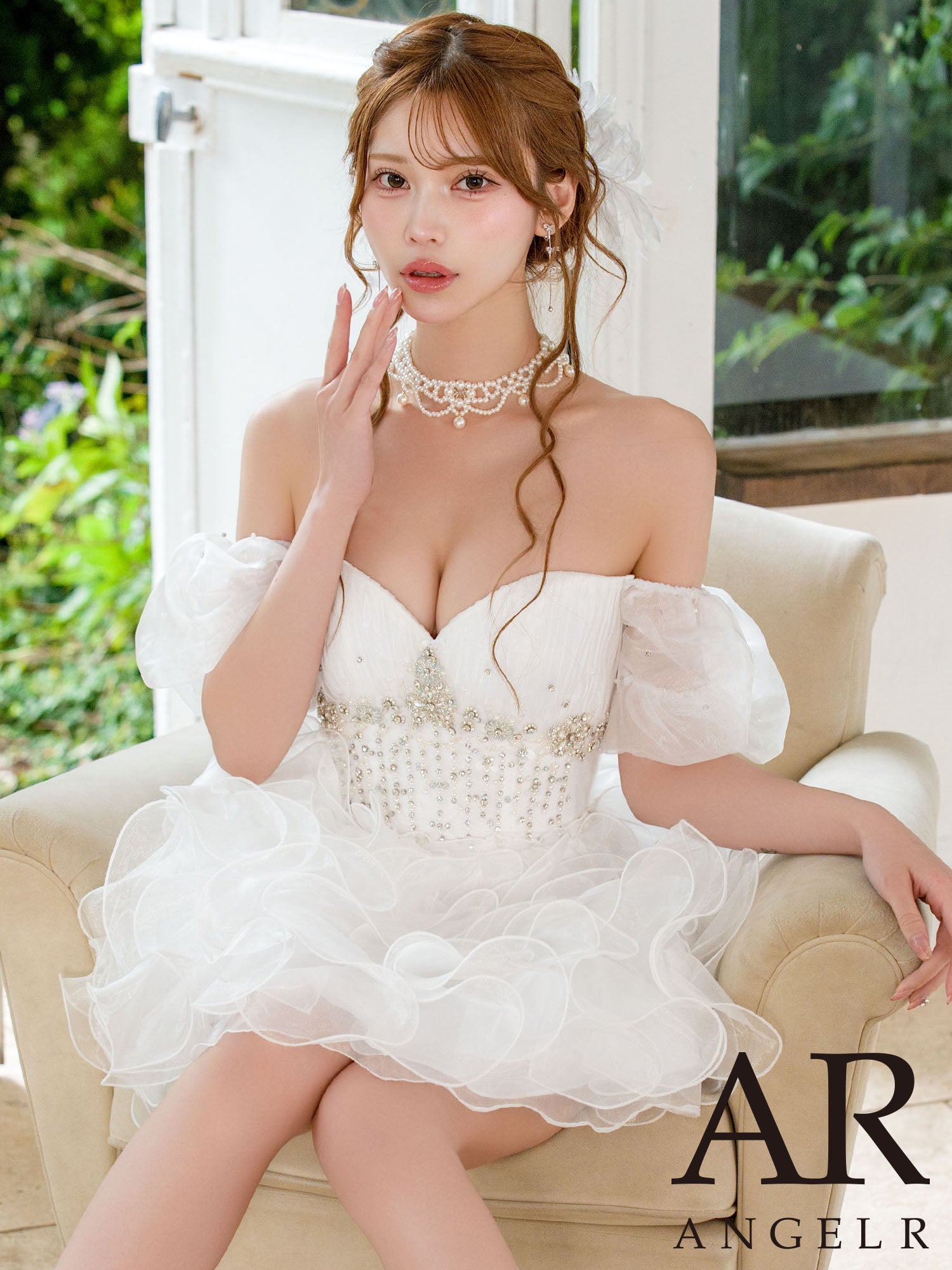 2way ベアトップ オフショルダー ボリュームフリル バースデー オーガンジー ハートカット ビジューパール フレアミニドレスのメイン画像