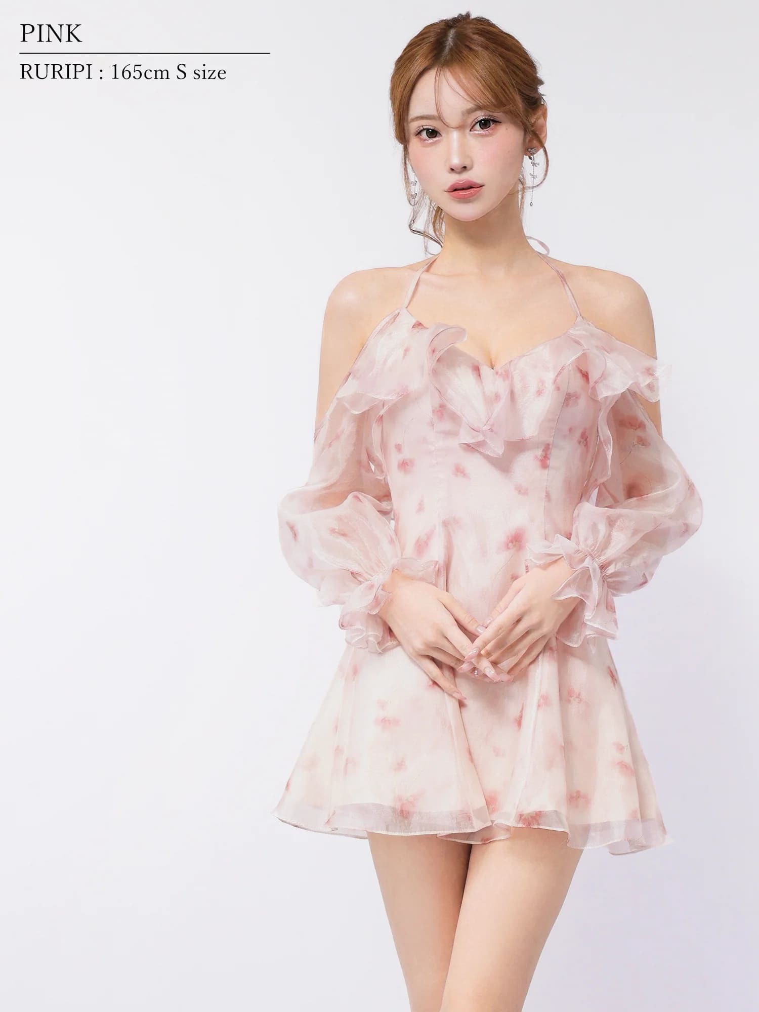 ホルターネック フリル 肩あき 長袖 バックオープン シフォン フラワープリント フレアミニドレスのイメージ画像4