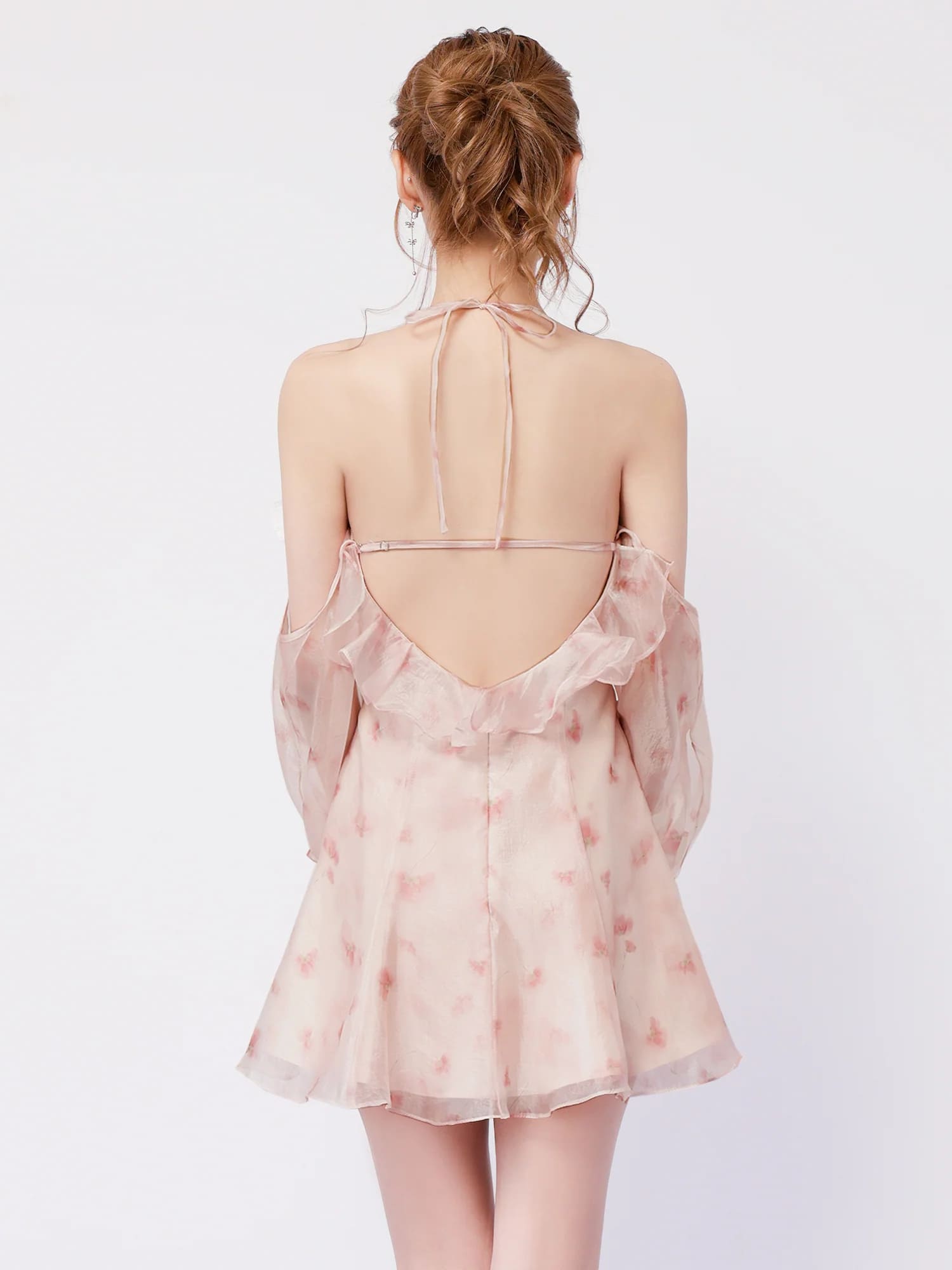 ホルターネック フリル 肩あき 長袖 バックオープン シフォン フラワープリント フレアミニドレスのイメージ画像7