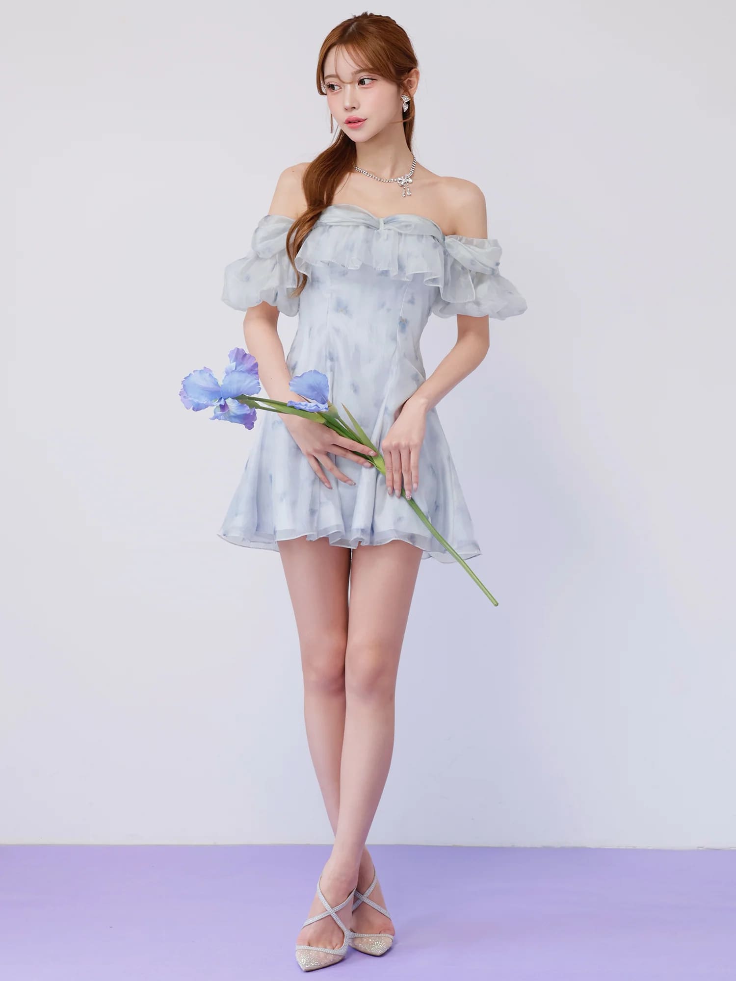 2way オフショルダー 肩あき フリル 花柄 フレアミニドレスのイメージ画像3