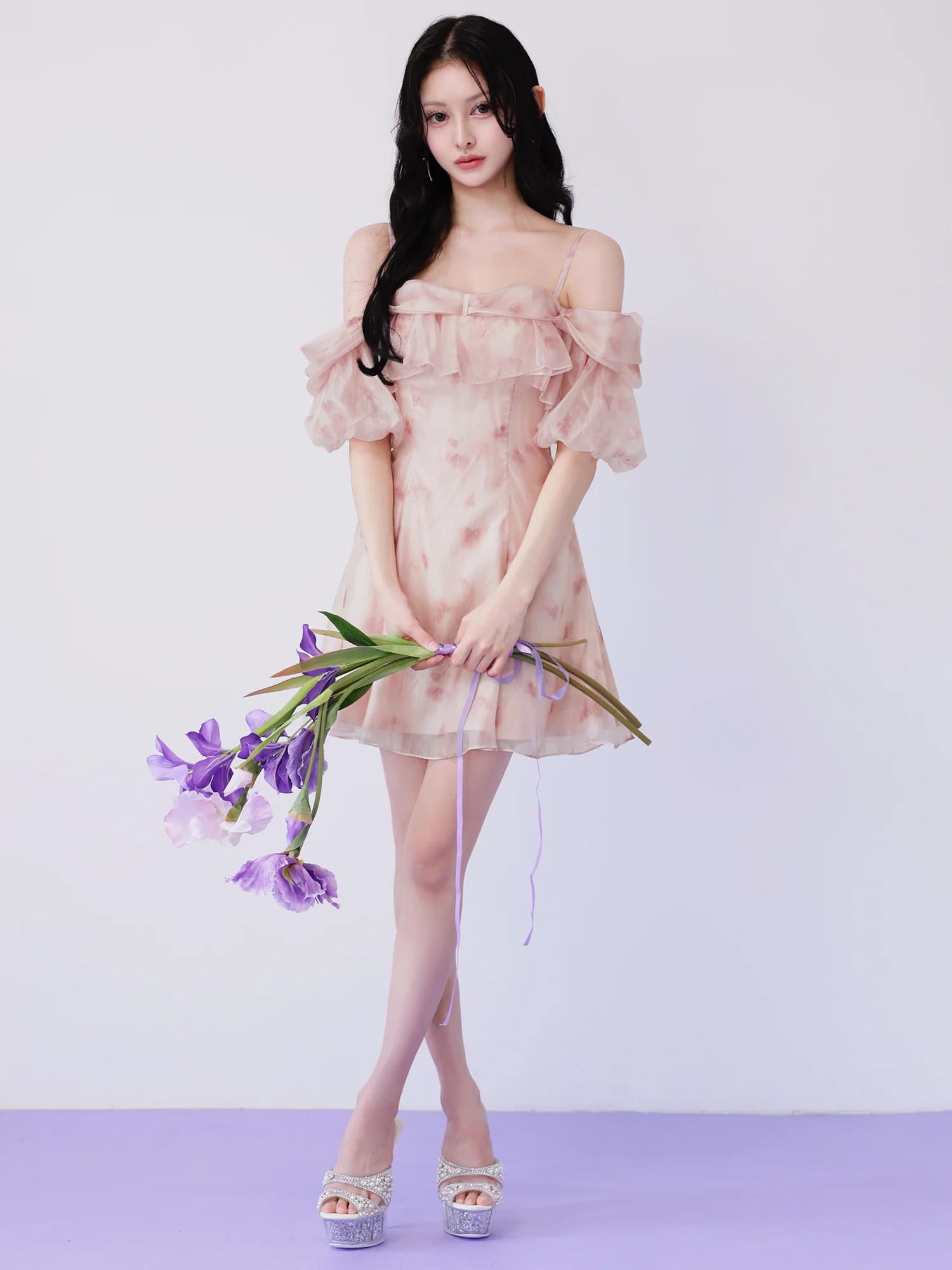 2way オフショルダー 肩あき フリル 花柄 フレアミニドレスのイメージ画像5