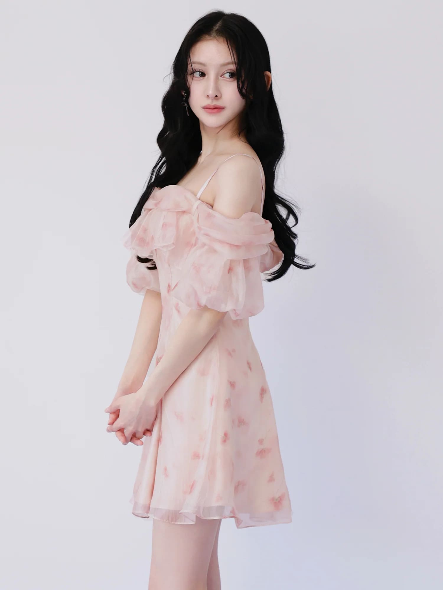 2way オフショルダー 肩あき フリル 花柄 フレアミニドレスのイメージ画像6