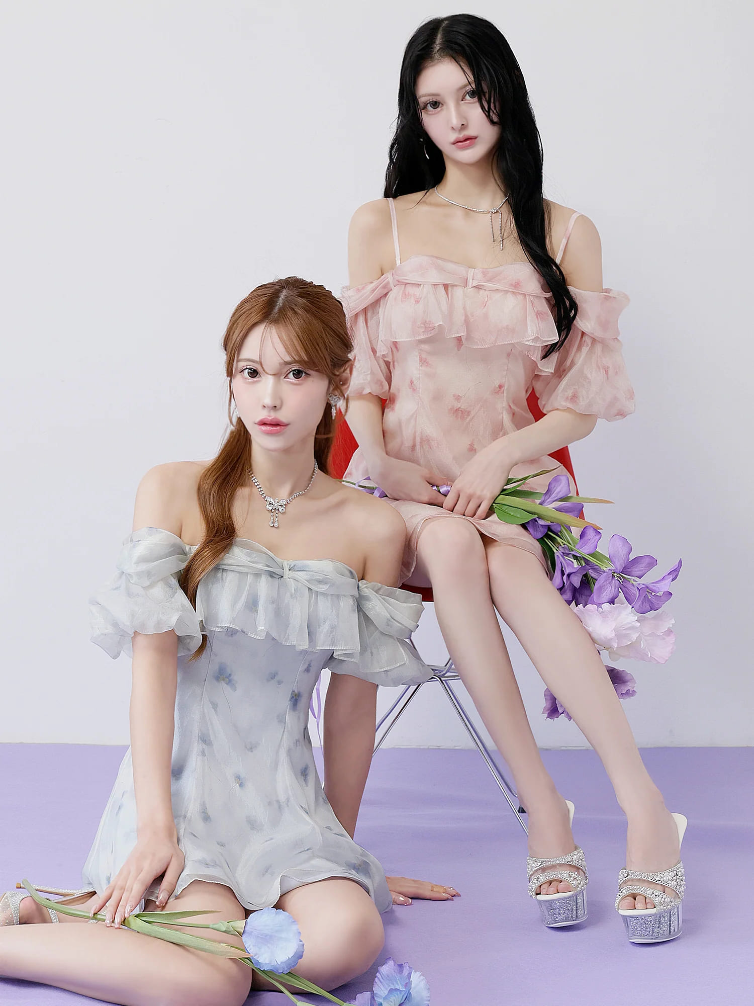 2way オフショルダー 肩あき フリル 花柄 フレアミニドレスのイメージ画像1