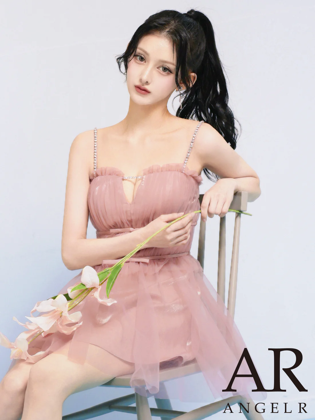 キャミソール 2way ベア チュール リボン ビジューチェーン フリル フェミニン フレアミニドレスのメイン画像