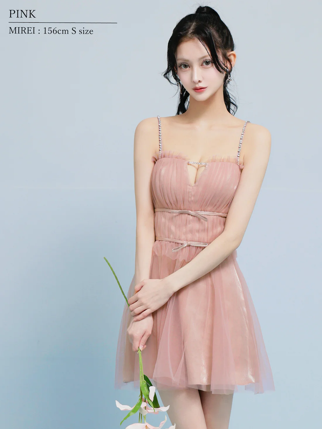 キャミソール 2way ベア チュール リボン ビジューチェーン フリル フェミニン フレアミニドレスのイメージ画像2