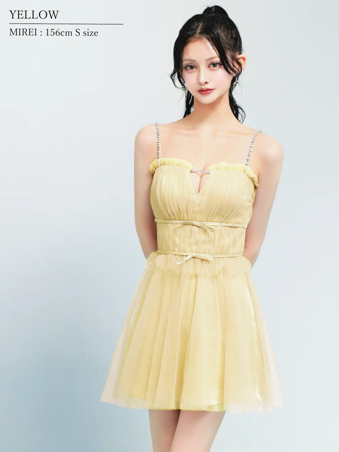 キャミソール 2way ベア チュール リボン ビジューチェーン フリル フェミニン フレアミニドレスのイメージ画像4