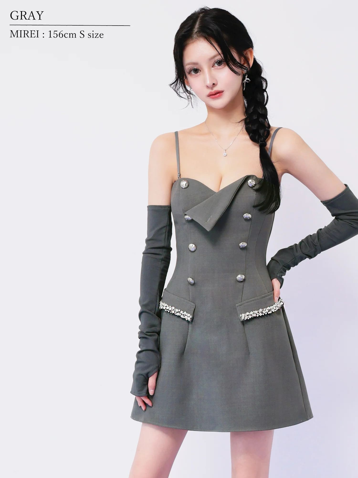 ベアトップ キャミソール 袖付き Wボタン ビジュー フェイクポケット フレアミニドレスのイメージ画像1