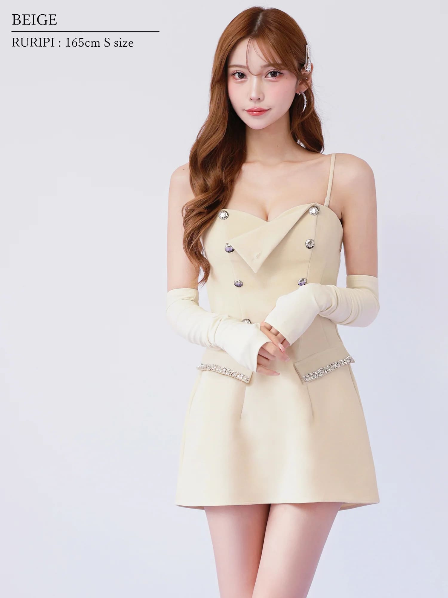 ベアトップ キャミソール 袖付き Wボタン ビジュー フェイクポケット フレアミニドレスのイメージ画像4