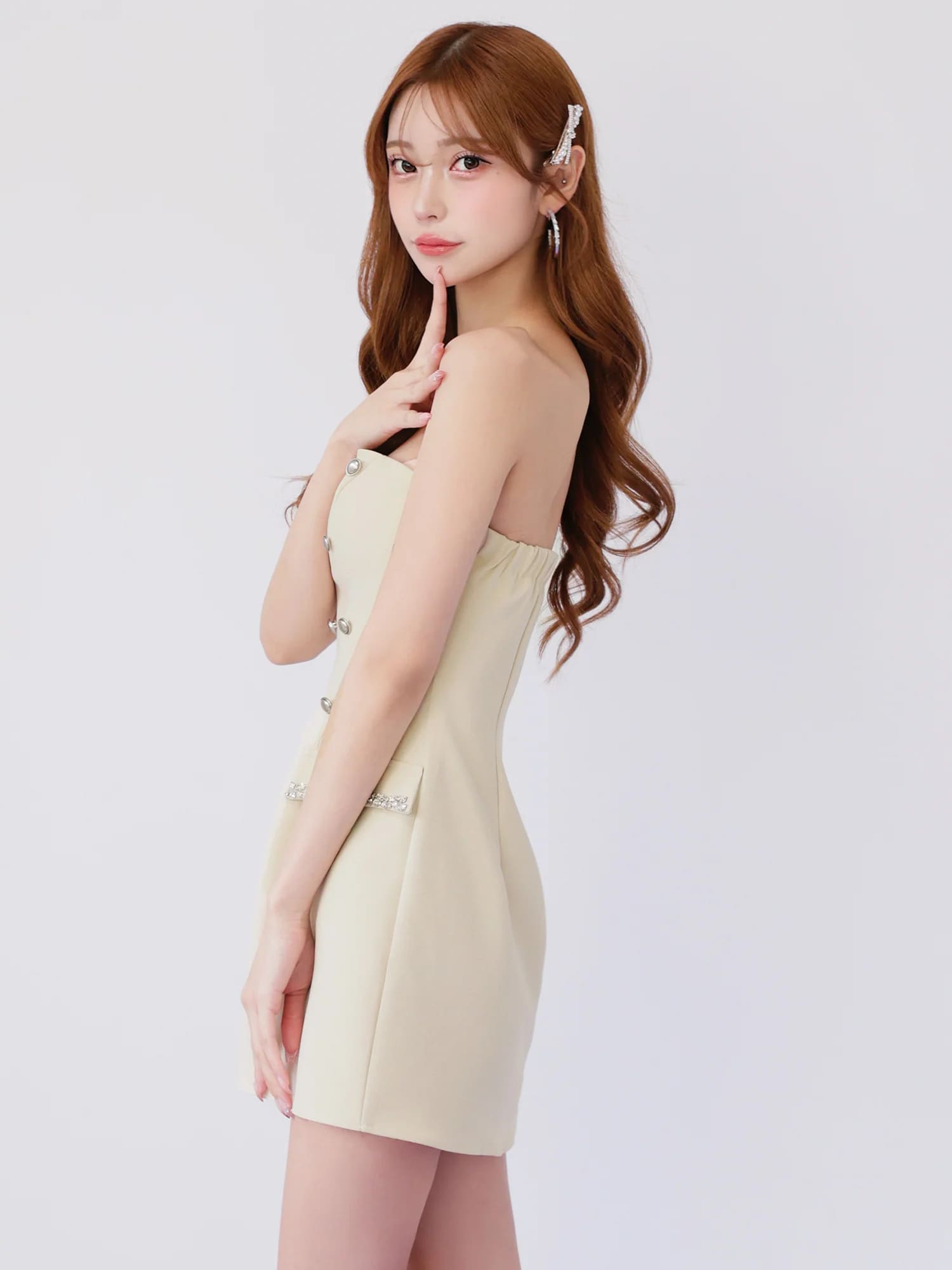 ベアトップ キャミソール 袖付き Wボタン ビジュー フェイクポケット フレアミニドレスのイメージ画像6