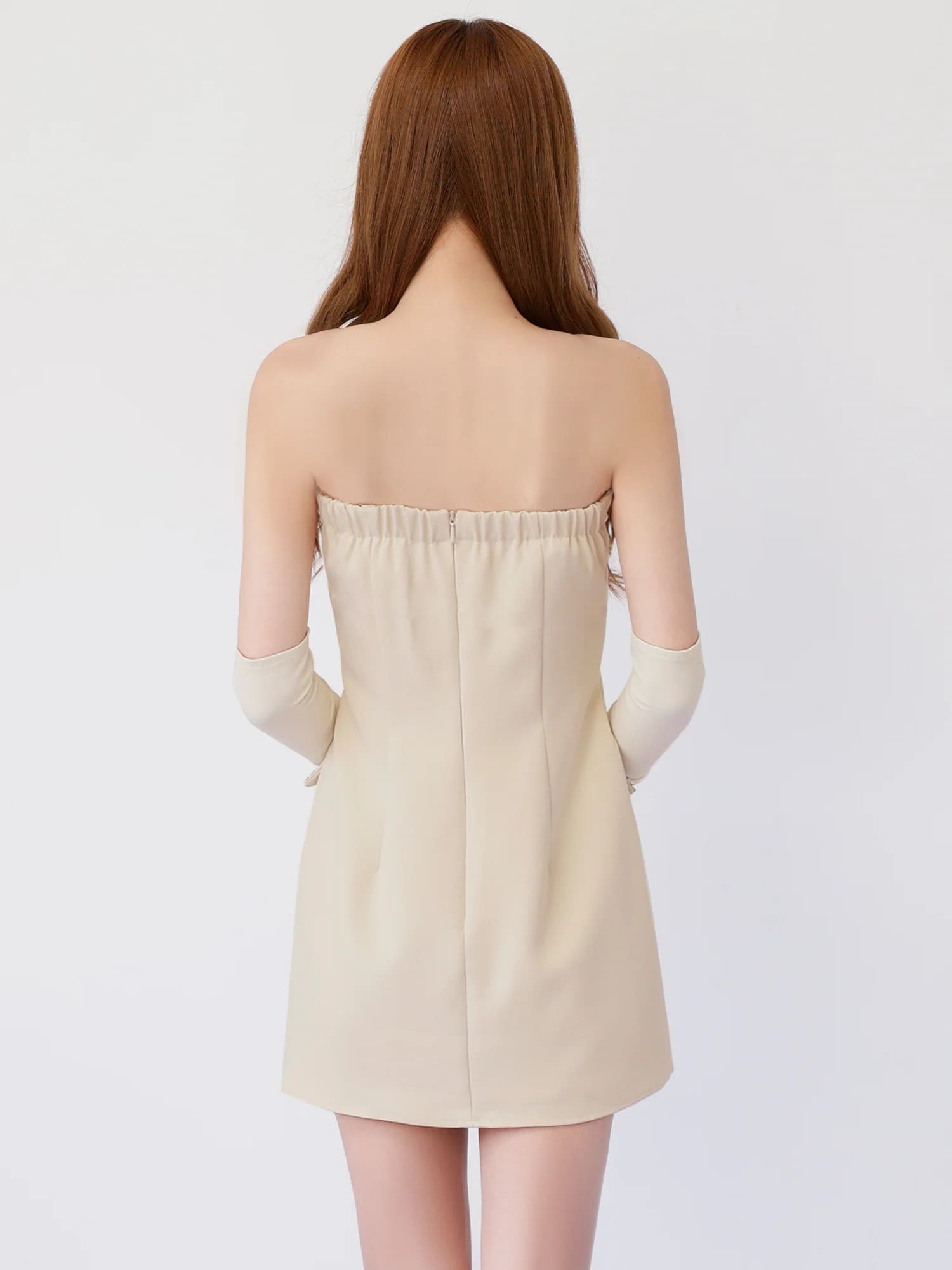 ベアトップ キャミソール 袖付き Wボタン ビジュー フェイクポケット フレアミニドレスのイメージ画像7