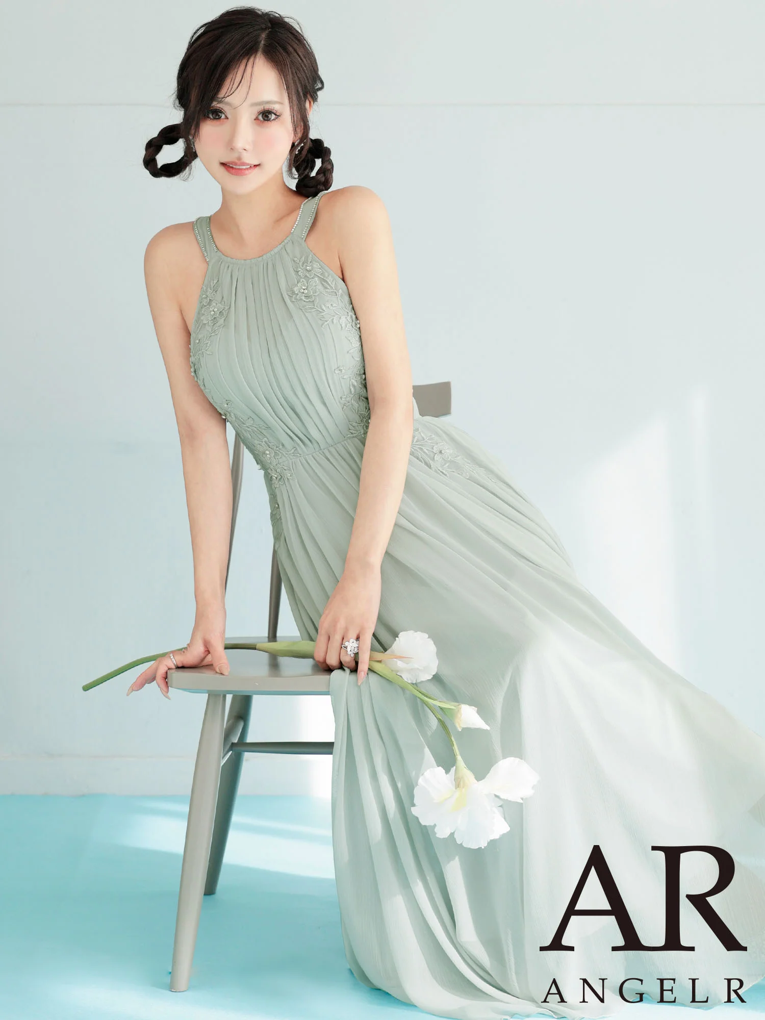 ホルターネック プリーツ リボン フラワーレース ビジュー Aラインロングドレスのメイン画像1