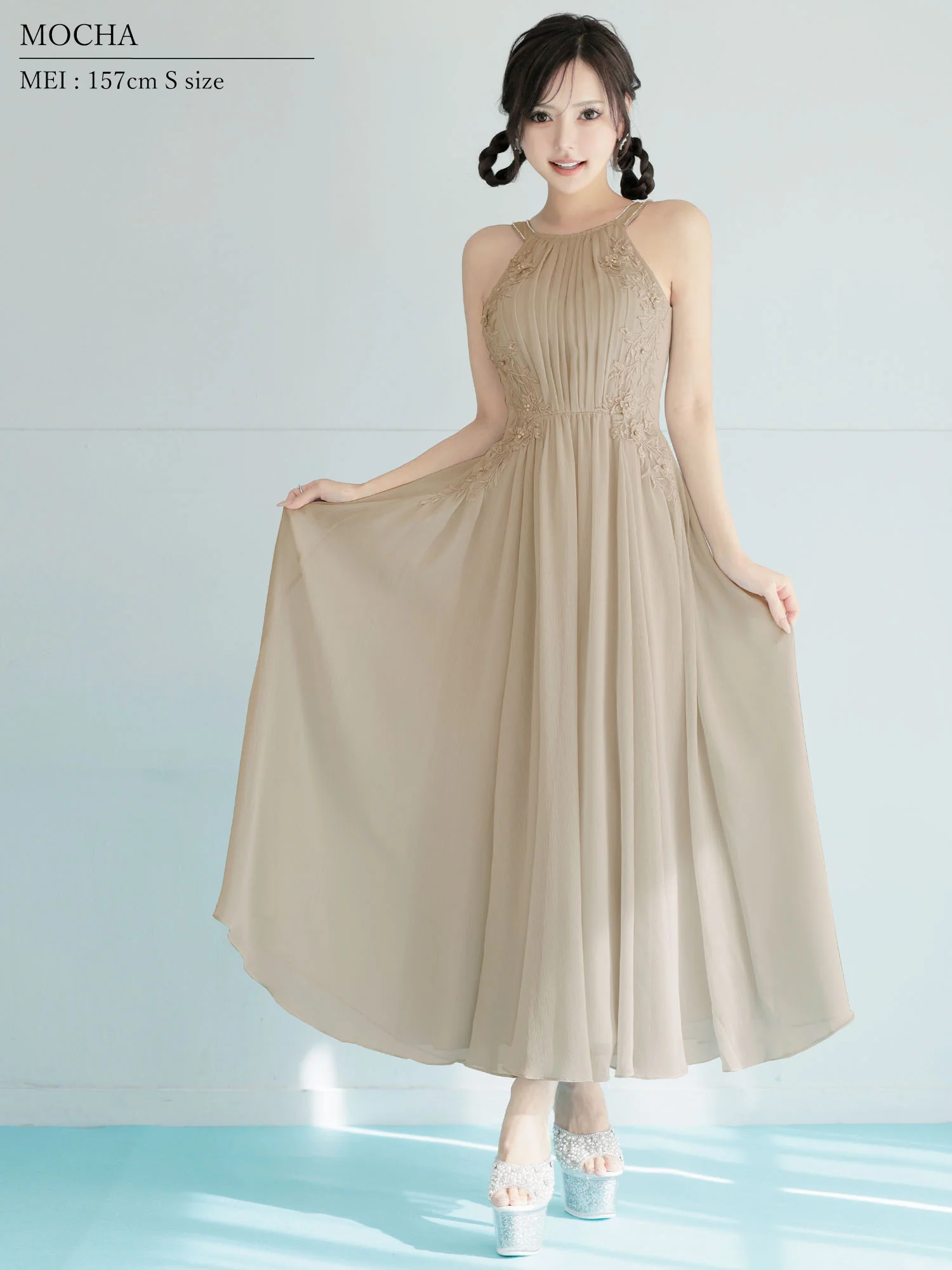 ホルターネック プリーツ リボン フラワーレース ビジュー Aラインロングドレスのイメージ画像4