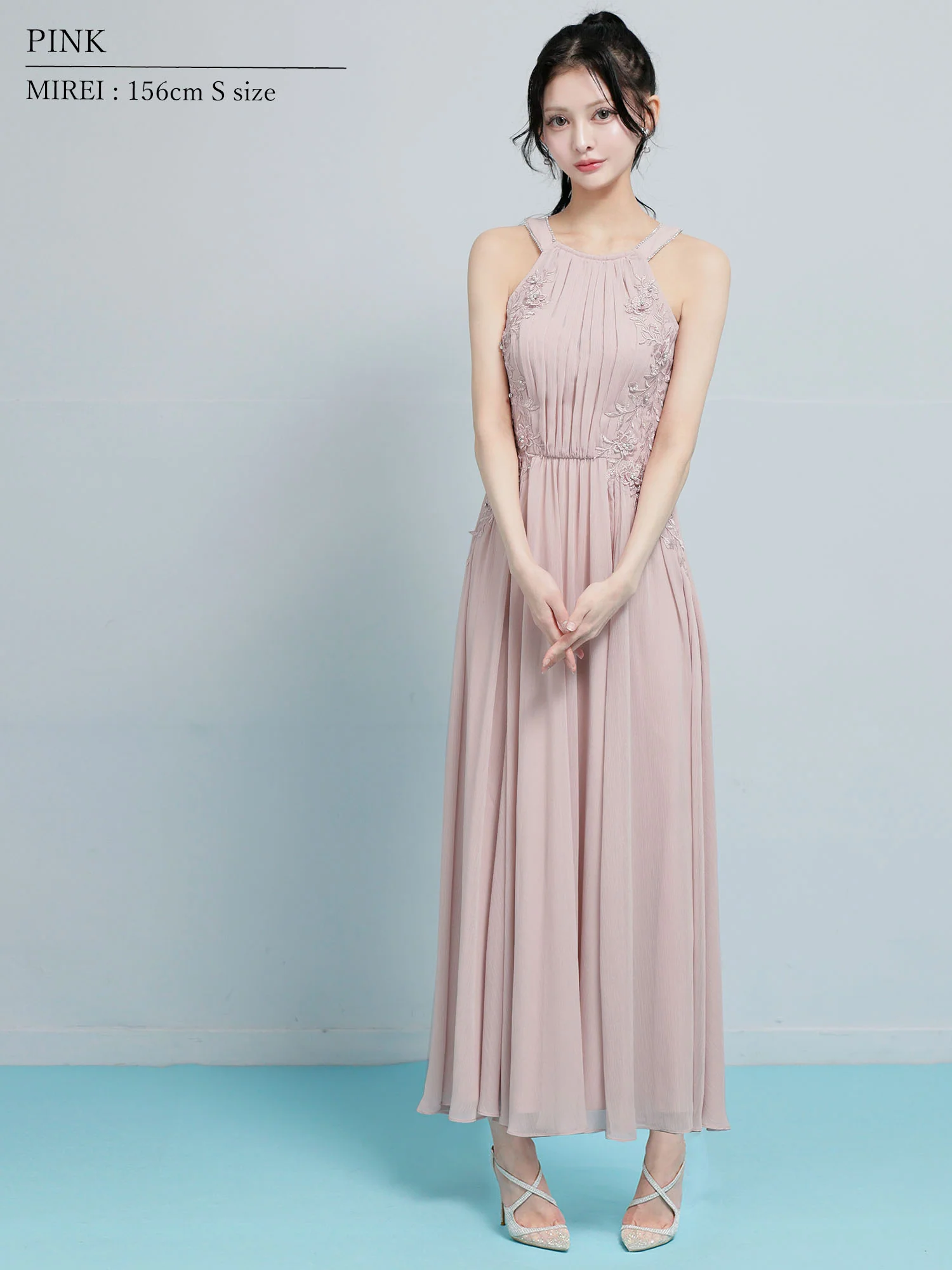 ホルターネック プリーツ リボン フラワーレース ビジュー Aラインロングドレスのイメージ画像6