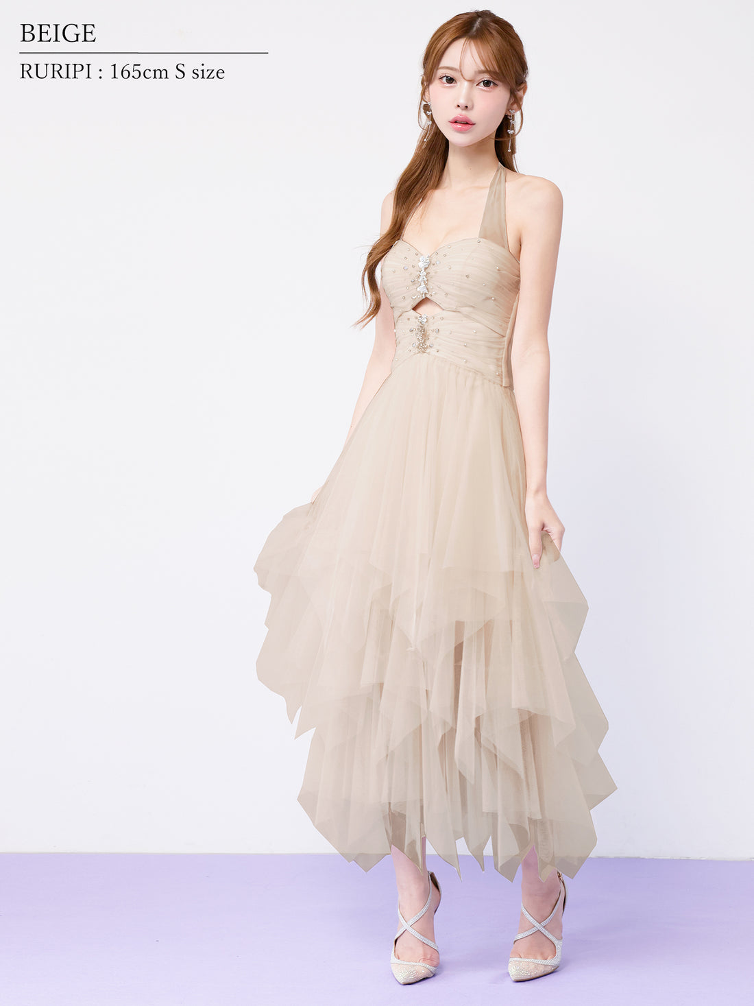 ホルターネック フロントビジュー ウエストカット フリル メッシュ ヘムライン ネックリボン Aラインロングドレスのイメージ画像3