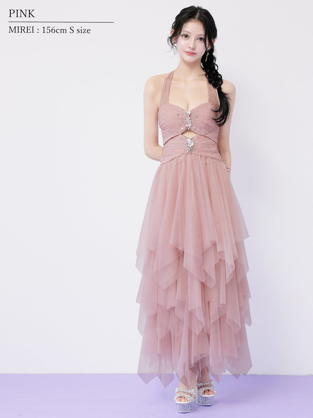 ホルターネック フロントビジュー ウエストカット フリル メッシュ ヘムライン ネックリボン Aラインロングドレスのイメージ画像7