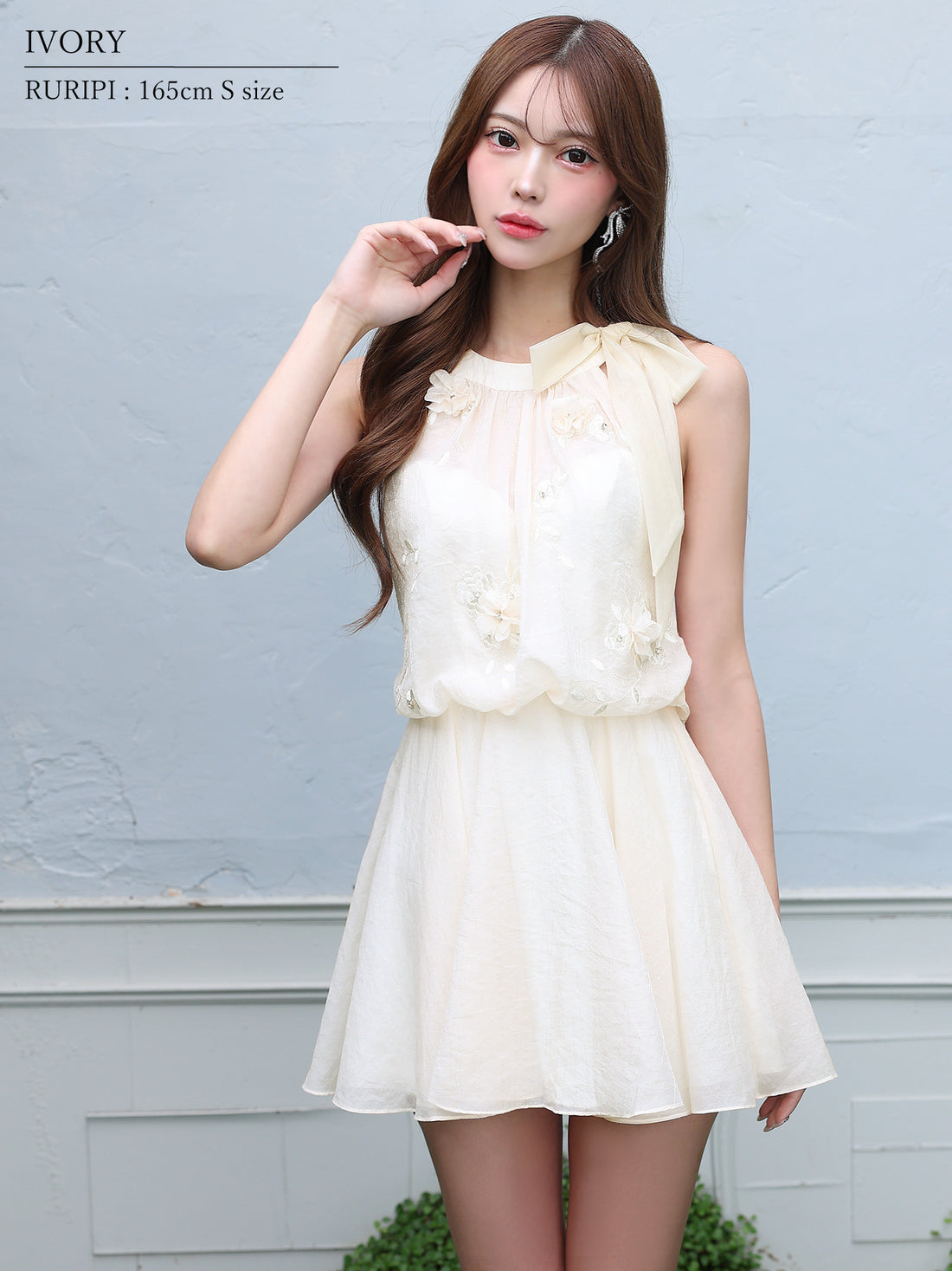 ノースリーブ シフォン ネックリボン フラワー フェミニン シアー フレアミニドレスのイメージ画像2