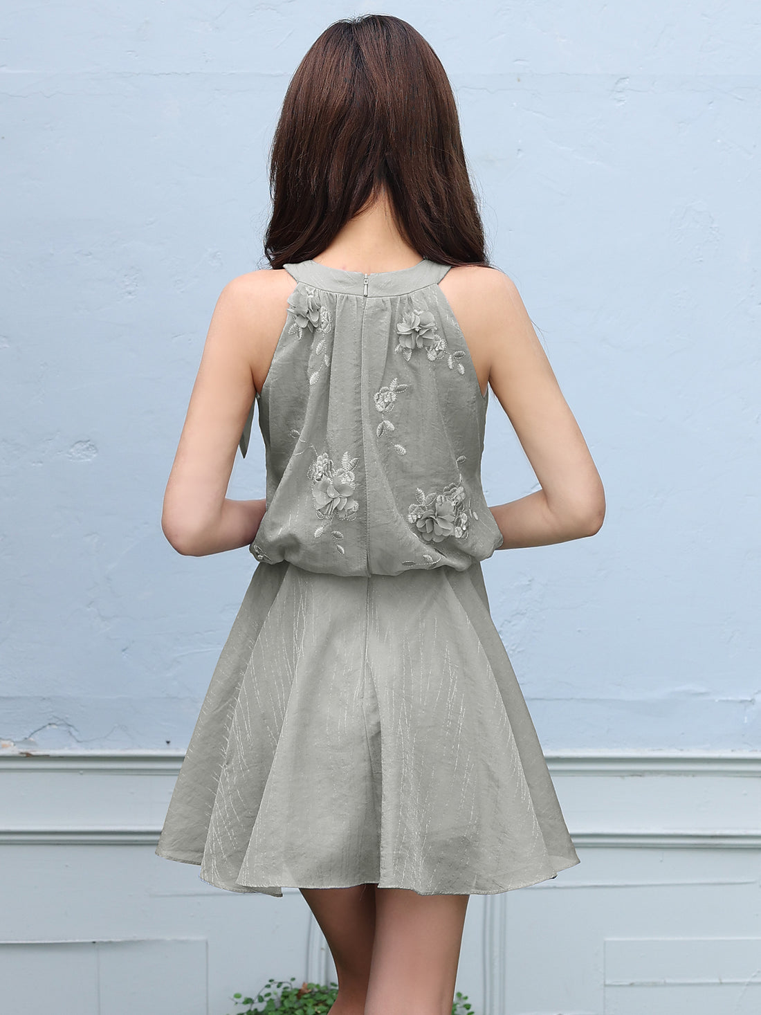 ノースリーブ シフォン ネックリボン フラワー フェミニン シアー フレアミニドレスのイメージ画像11