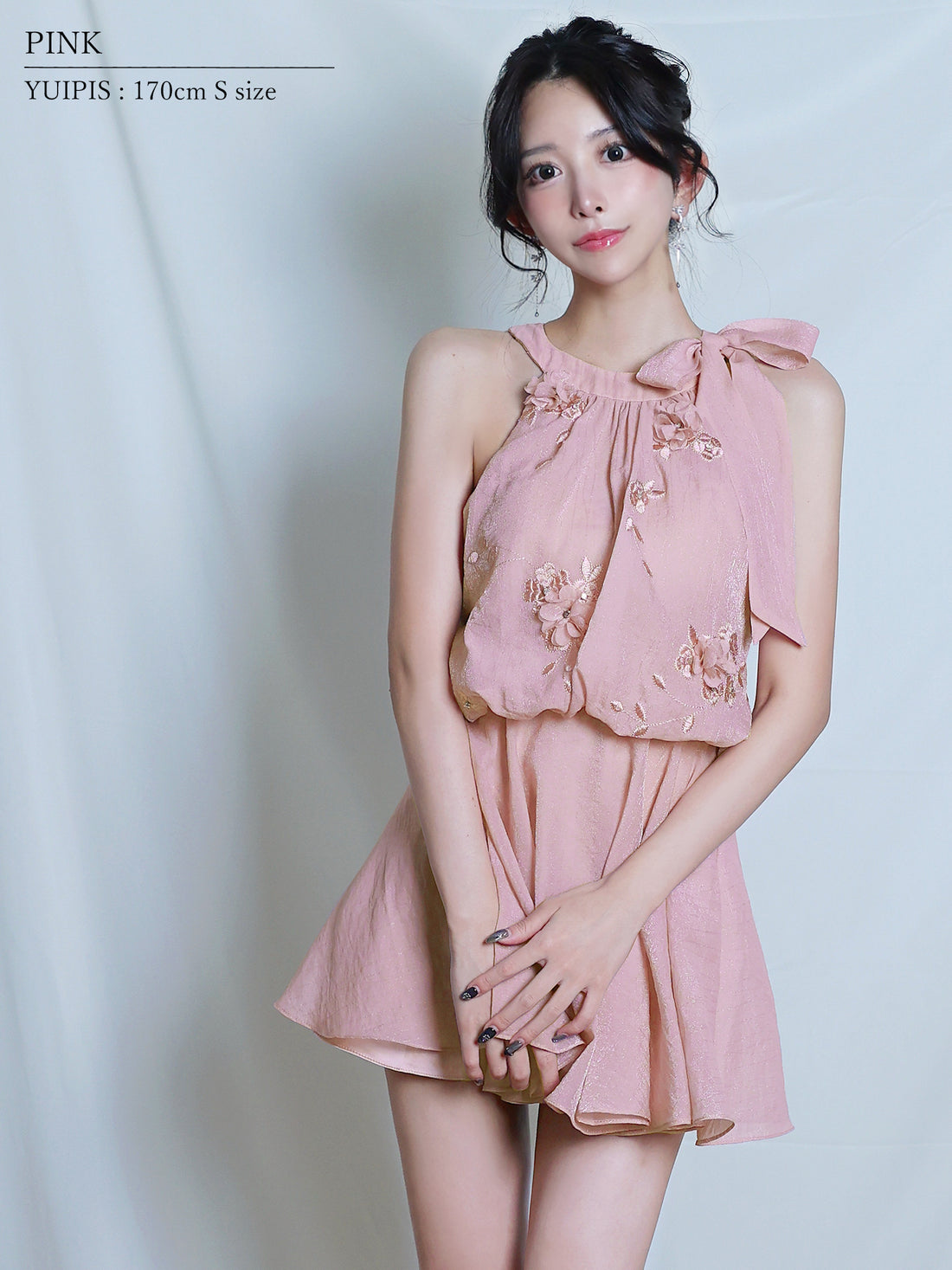 ノースリーブ シフォン ネックリボン フラワー フェミニン シアー フレアミニドレスのイメージ画像4