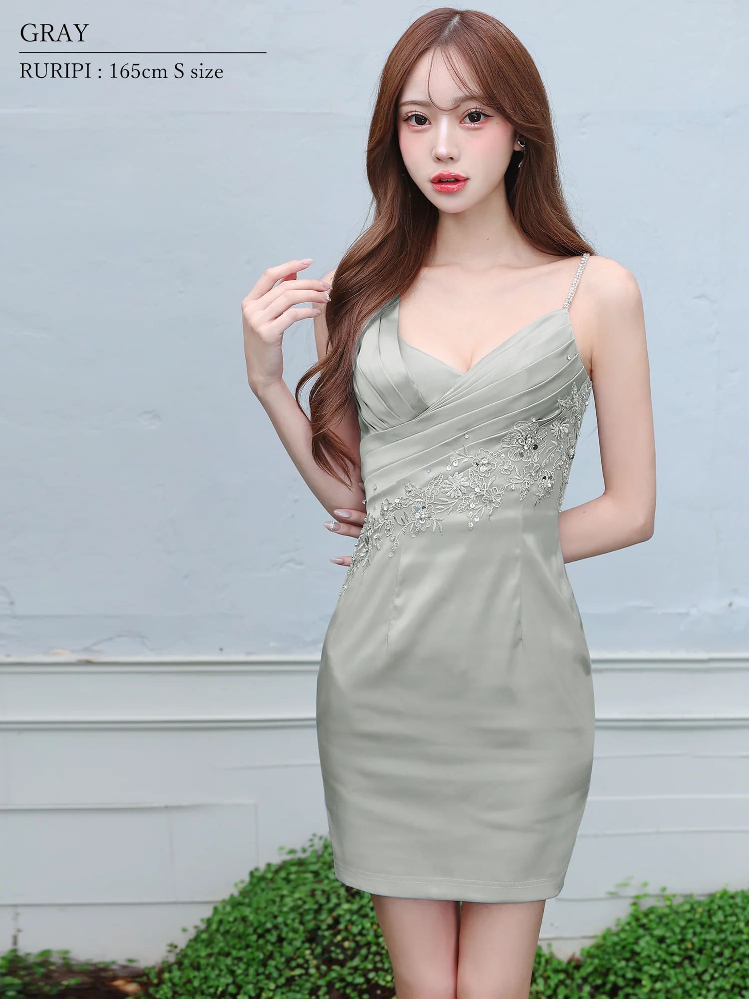 キャミソール ノースリーブ アシンメトリーデザイン バストタック フラワーレース ビジュー タイトミニドレスのイメージ画像6