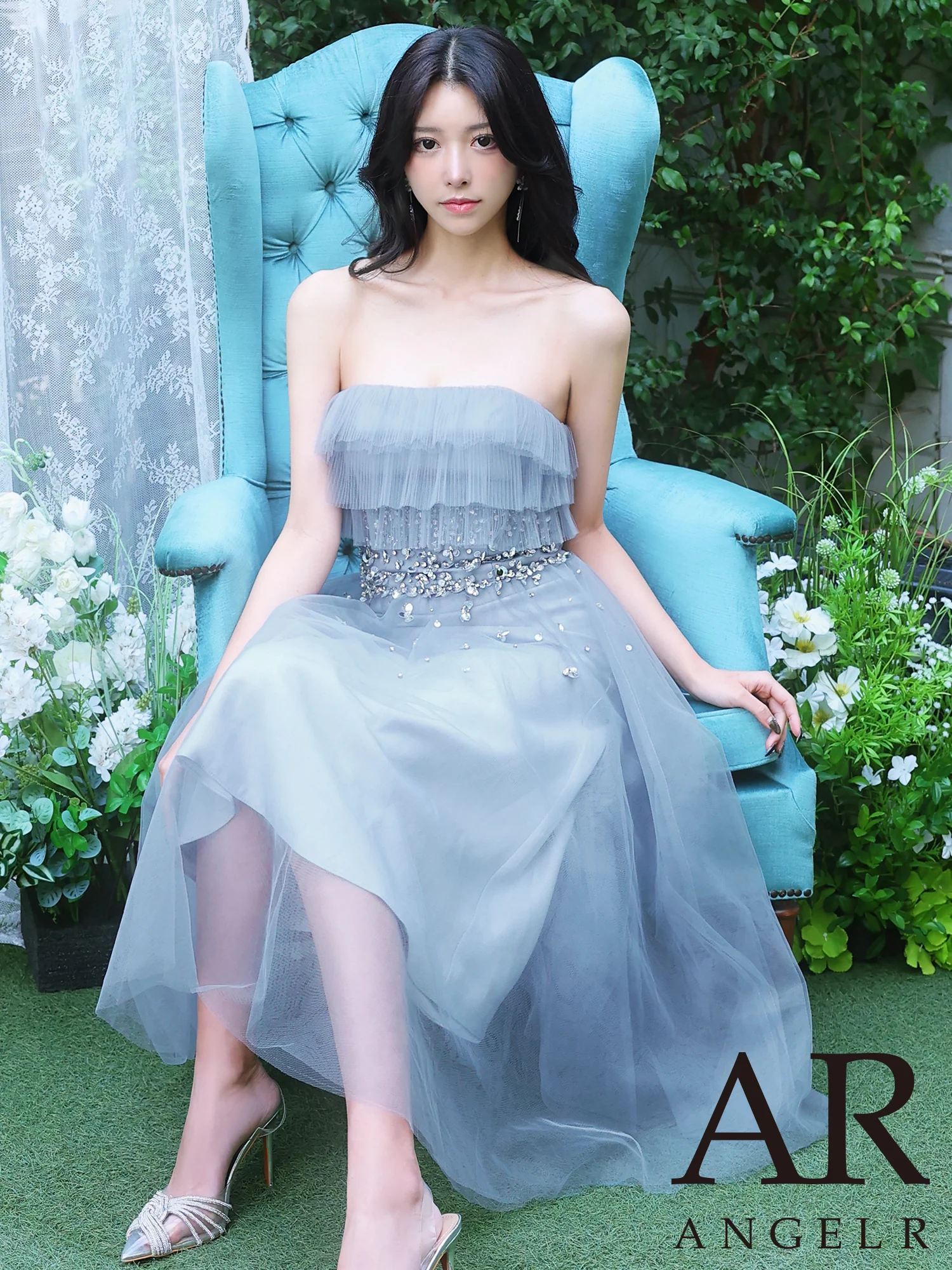 キャミソール 2way チュール ベアトップ アッパーフリル ウエストビジュー Aラインロングドレスのメイン画像