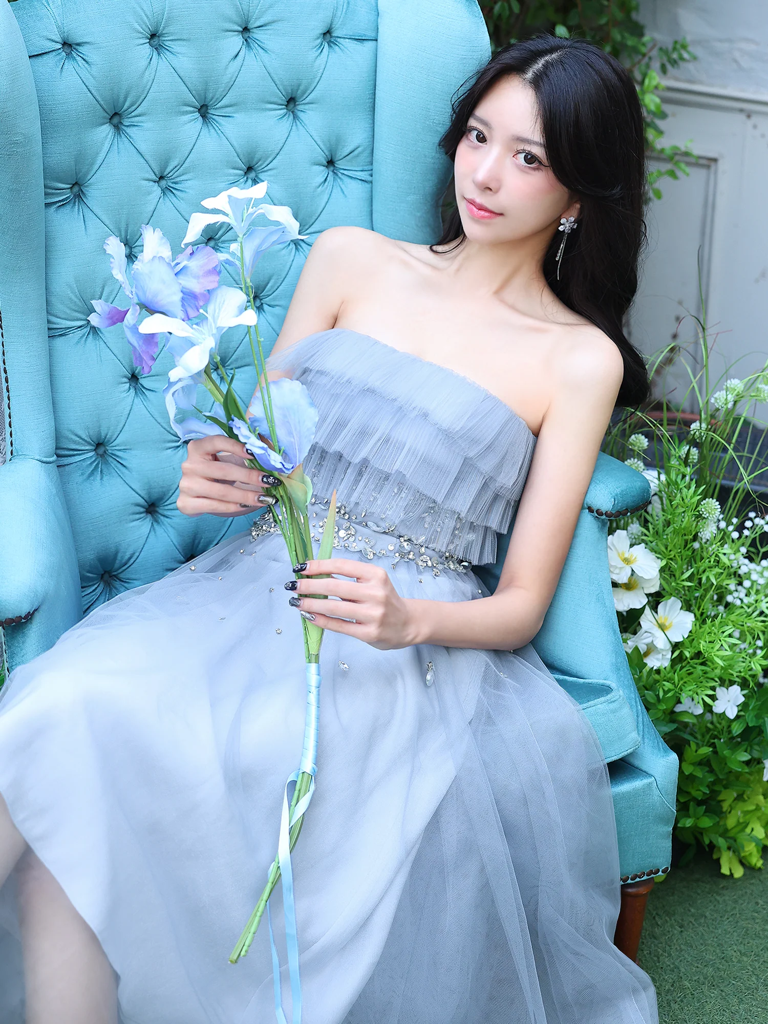 キャミソール 2way チュール ベアトップ アッパーフリル ウエストビジュー Aラインロングドレスのイメージ画像2