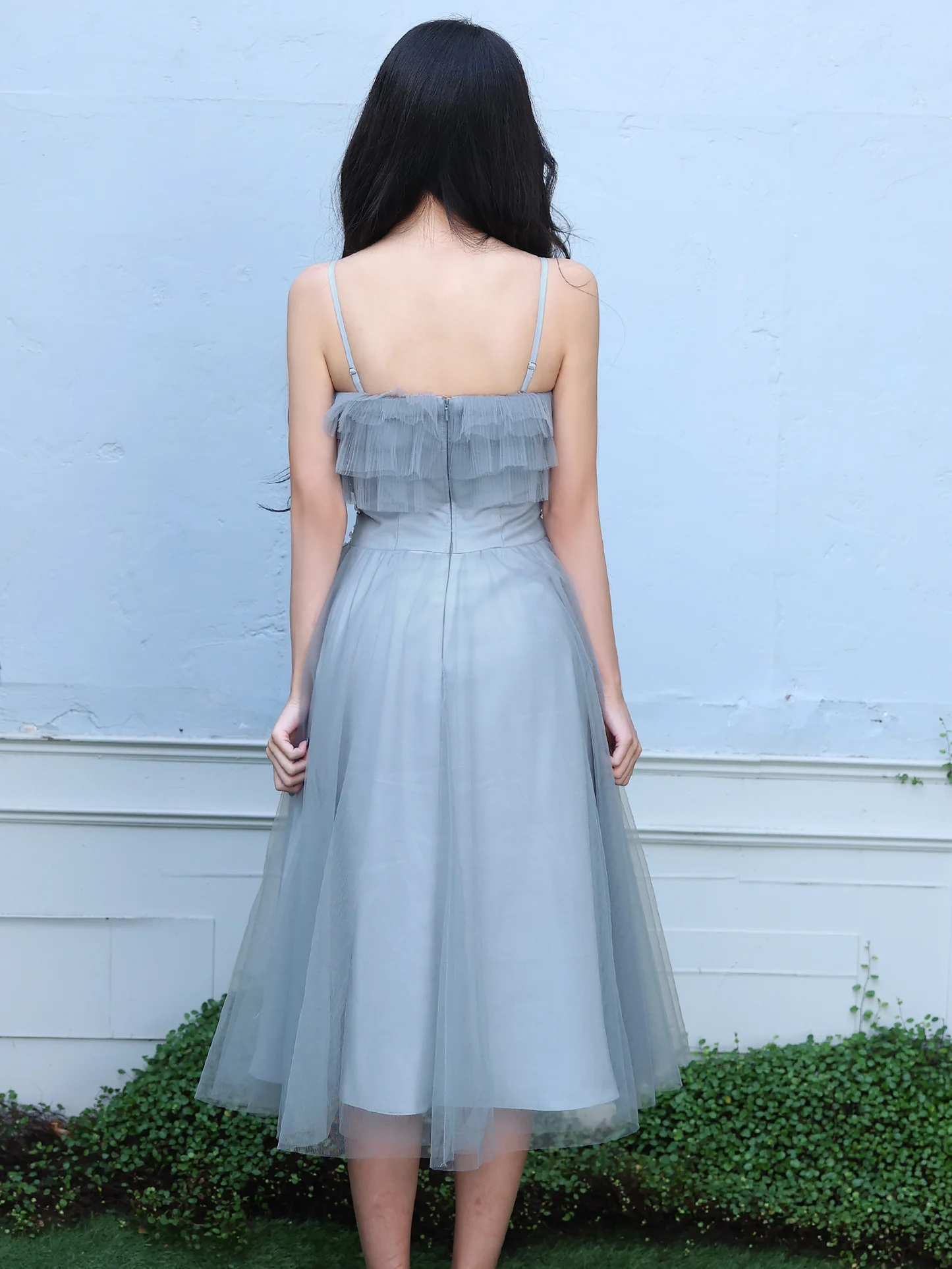 キャミソール 2way チュール ベアトップ アッパーフリル ウエストビジュー Aラインロングドレスのイメージ画像11