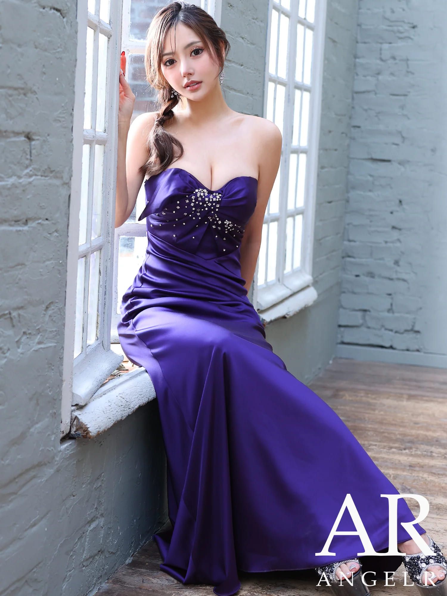 2way ベアトップ キャミソール ハートカット ツイストデザイン ビジュー パール Aラインロングドレスのメイン画像