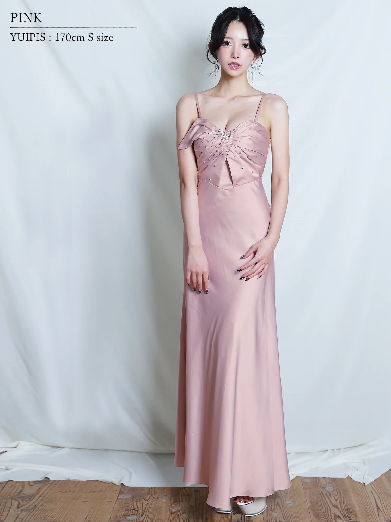 2way ベアトップ キャミソール ハートカット ツイストデザイン ビジュー パール Aラインロングドレスのイメージ画像3