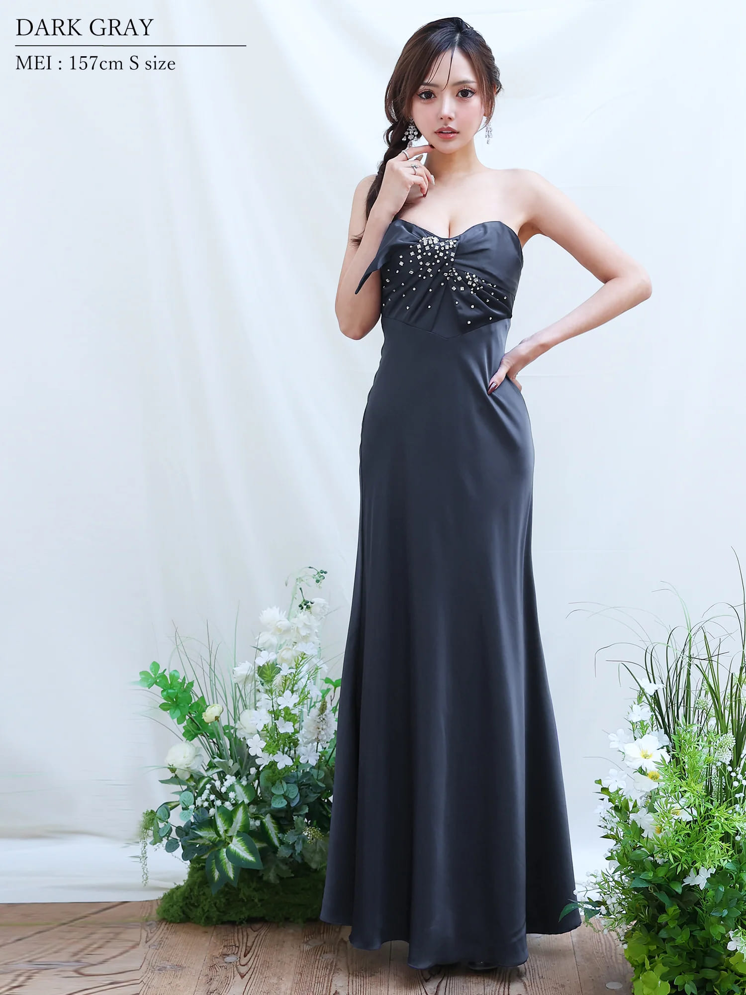 2way ベアトップ キャミソール ハートカット ツイストデザイン ビジュー パール Aラインロングドレスのイメージ画像5