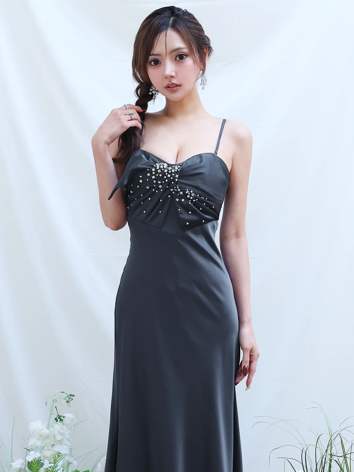 2way ベアトップ キャミソール ハートカット ツイストデザイン ビジュー パール Aラインロングドレスのイメージ画像6