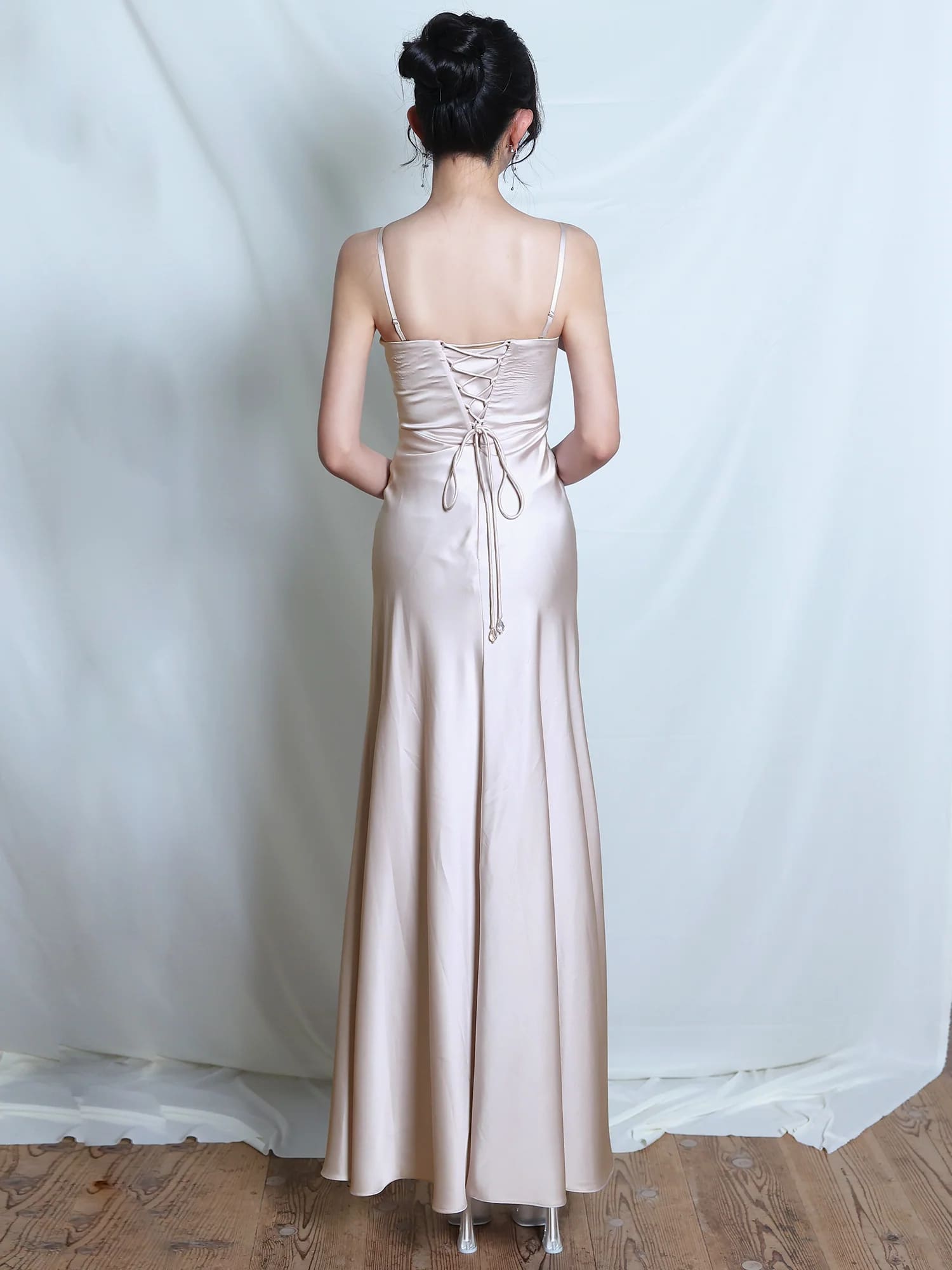 2way ベアトップ キャミソール ハートカット ツイストデザイン ビジュー パール Aラインロングドレスのイメージ画像10