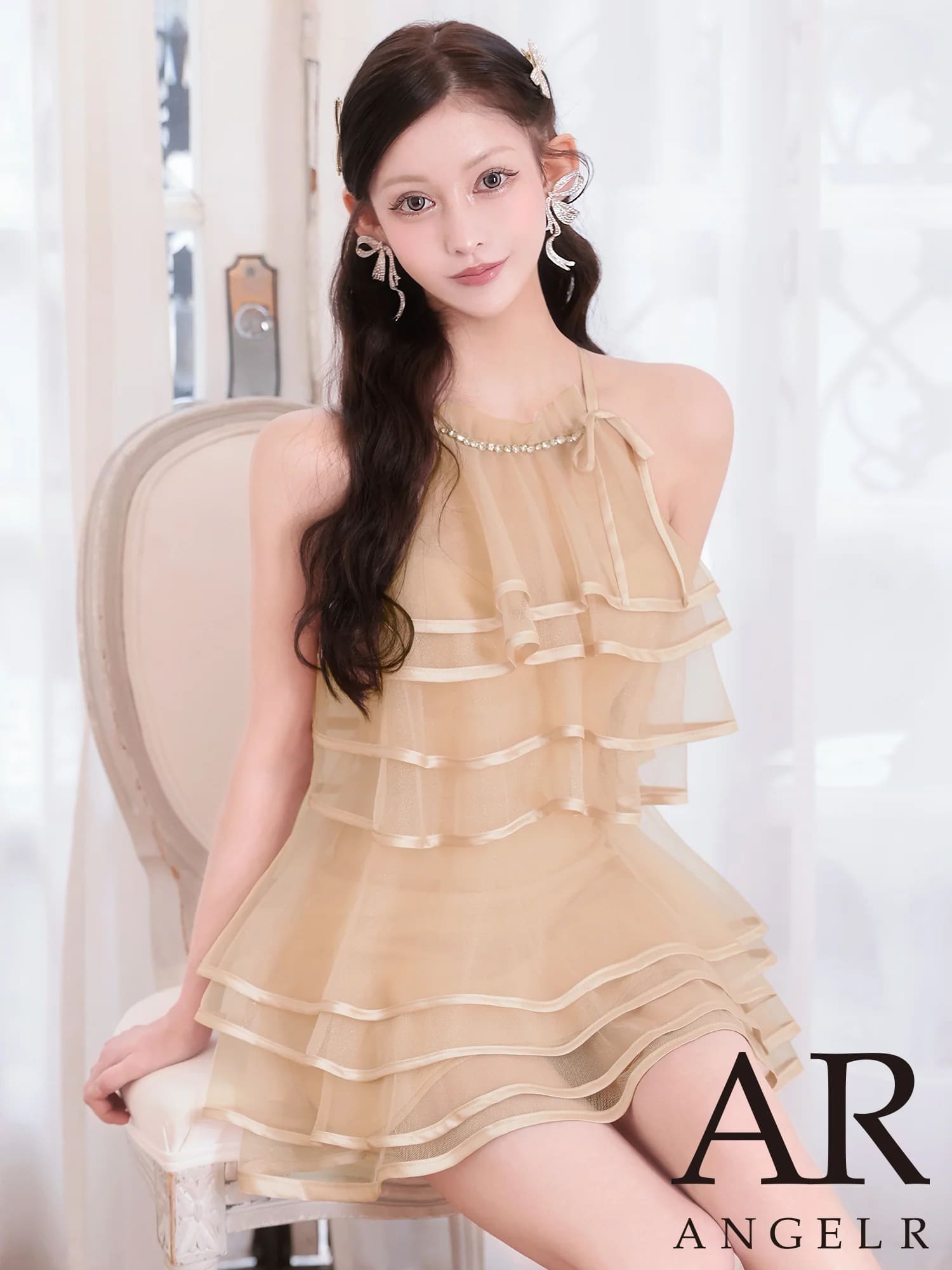 ホルターネック リボン ビジュー シアー チュール ティアードフリル フレアミニドレスのメイン画像