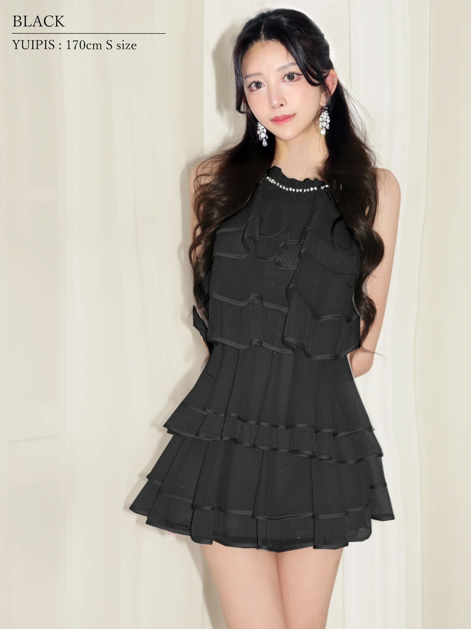 ホルターネック リボン ビジュー シアー チュール ティアードフリル フレアミニドレスのイメージ画像8