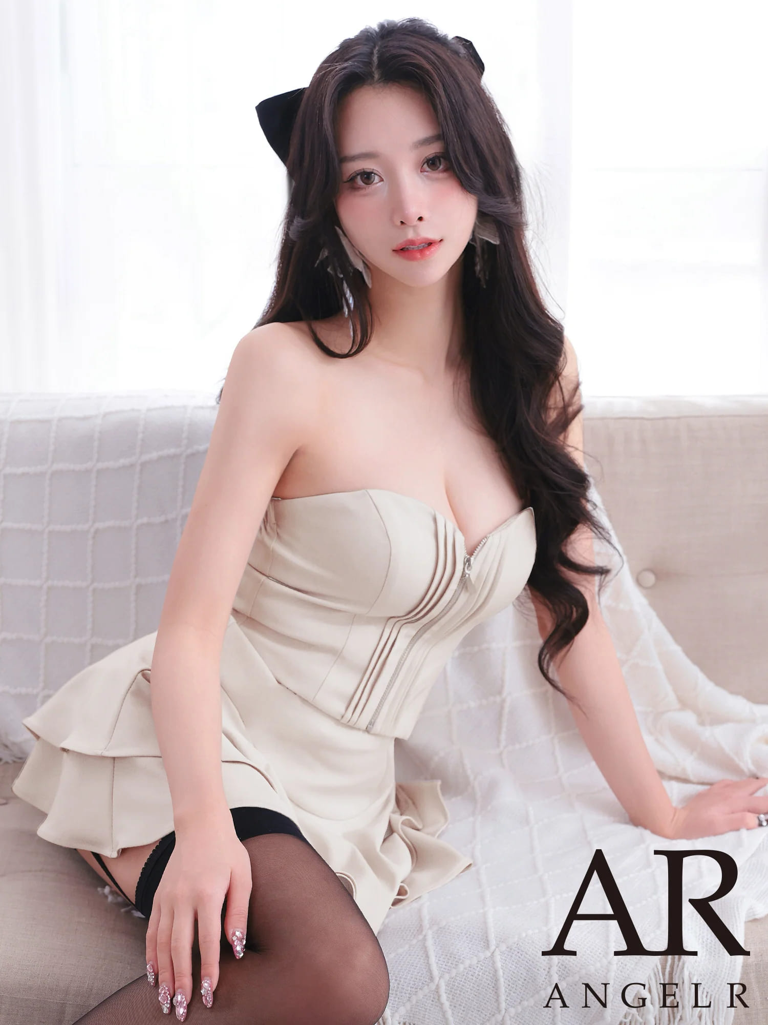 2way ベアトップ キャミソール ハートカット ジップデザイン フリル セットアップ フレアミニドレスのメイン画像