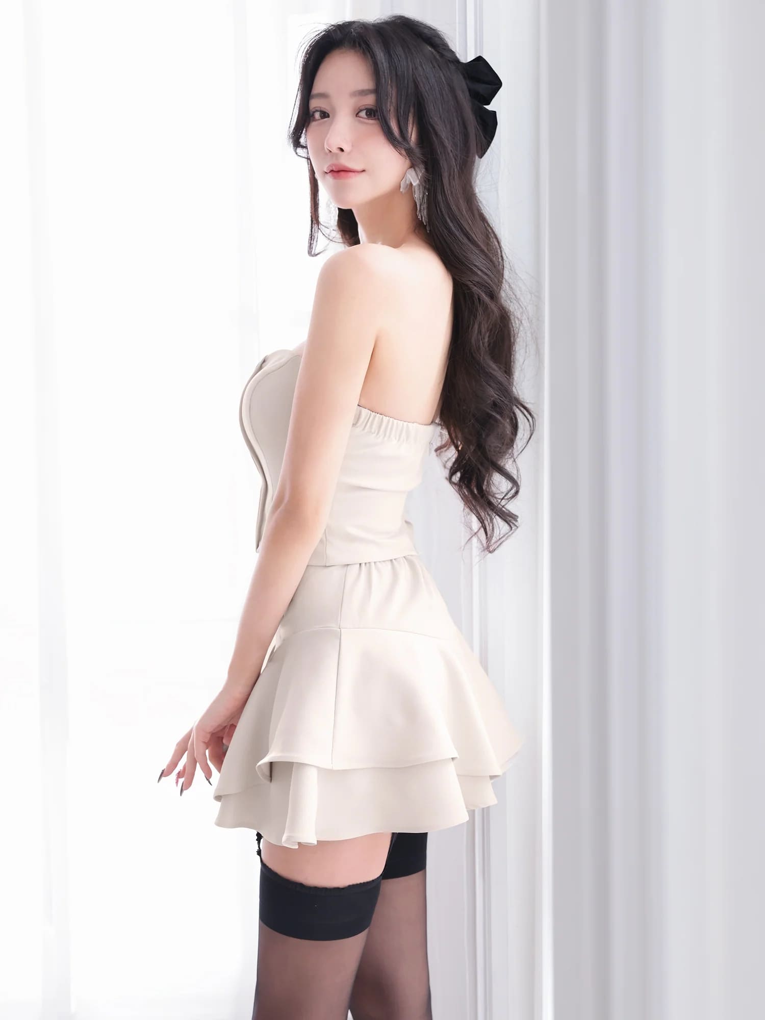 2way ベアトップ キャミソール ハートカット ジップデザイン フリル セットアップ フレアミニドレスのイメージ画像12