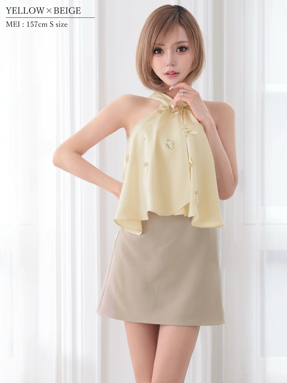 セットアップ ホルターネック シフォン フラワー バイカラー フレアミニドレスのイメージ画像4