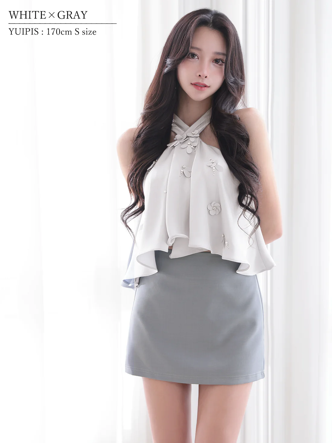 セットアップ ホルターネック シフォン フラワー バイカラー フレアミニドレスのイメージ画像6