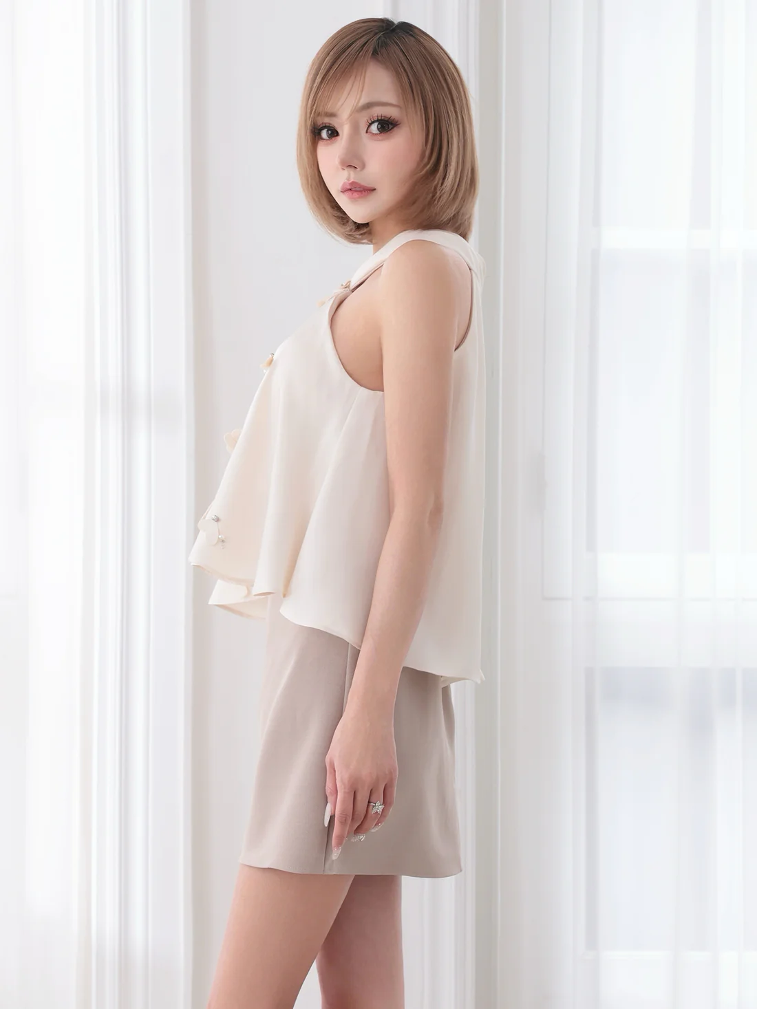 セットアップ ホルターネック シフォン フラワー バイカラー フレアミニドレスのイメージ画像10