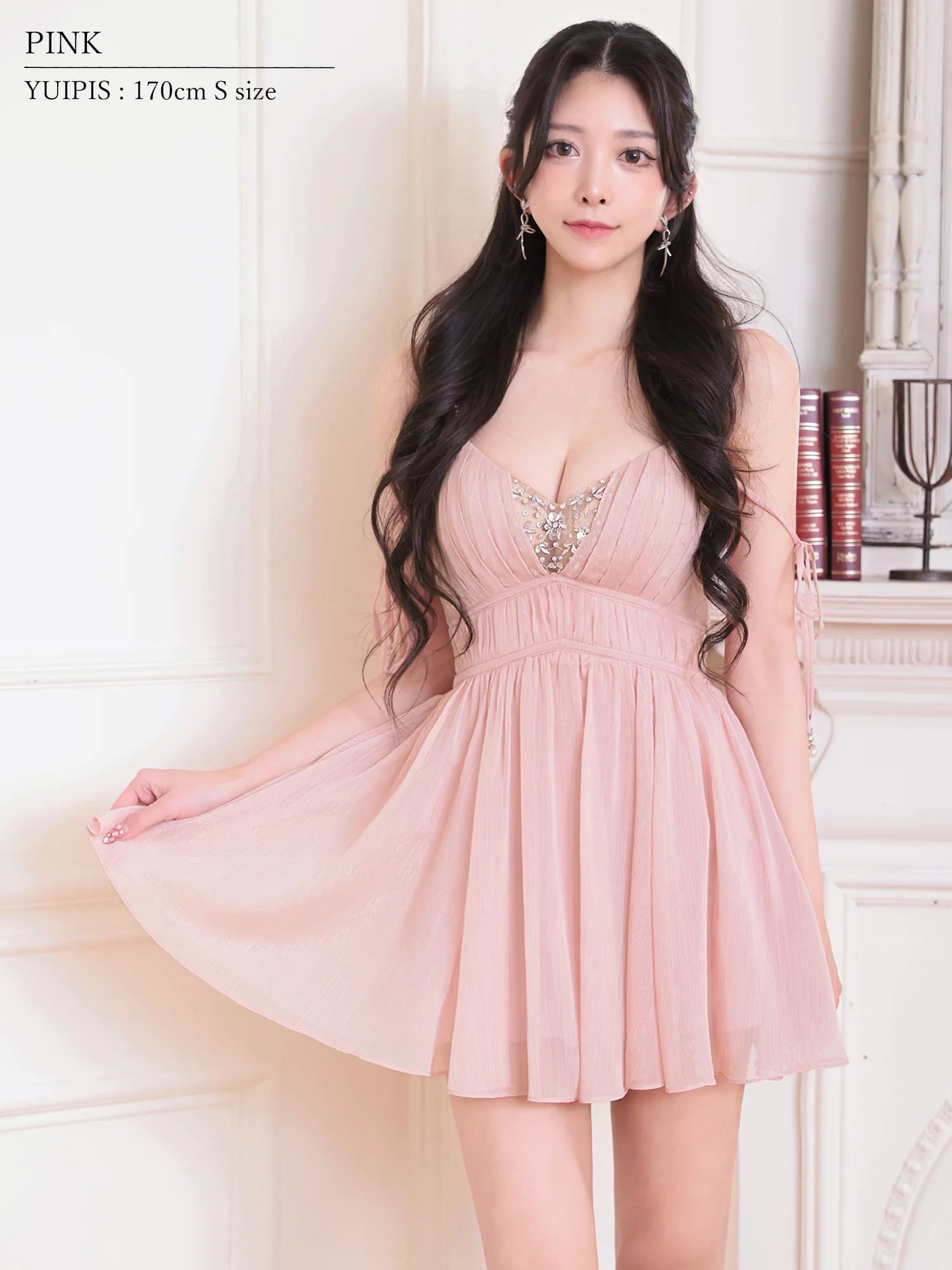 キャミソール リボン Vカット バストビジュー シフォン フレアミニドレスのイメージ画像5