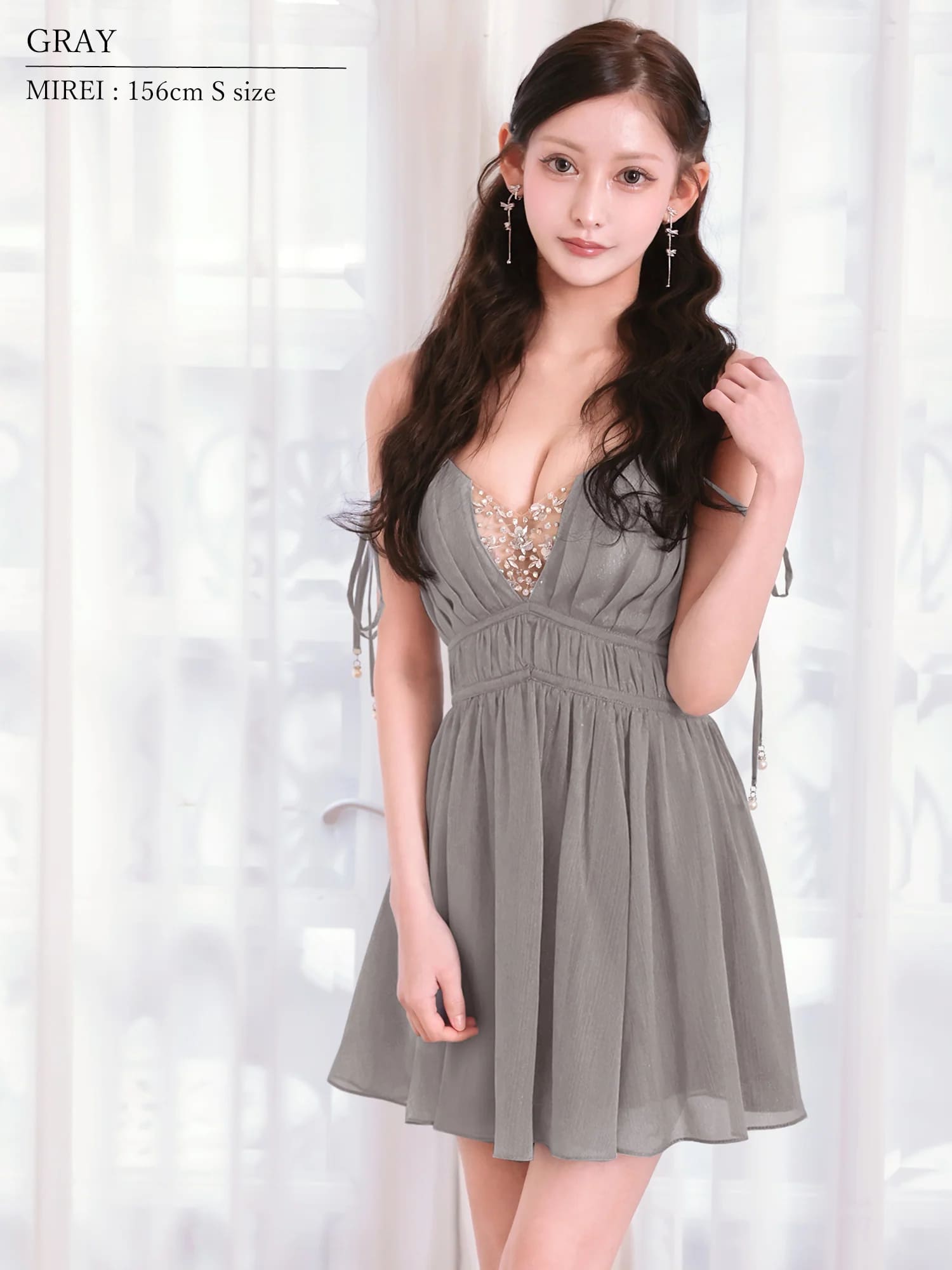 キャミソール リボン Vカット バストビジュー シフォン フレアミニドレスのイメージ画像8