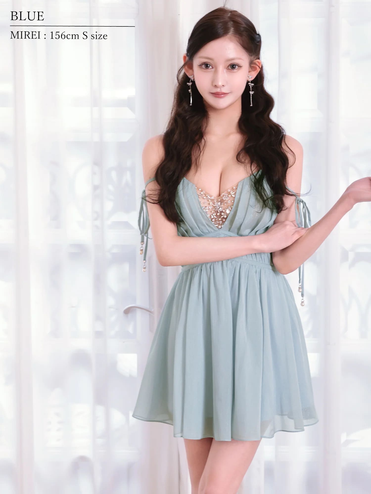 キャミソール リボン Vカット バストビジュー シフォン フレアミニドレスのイメージ画像10