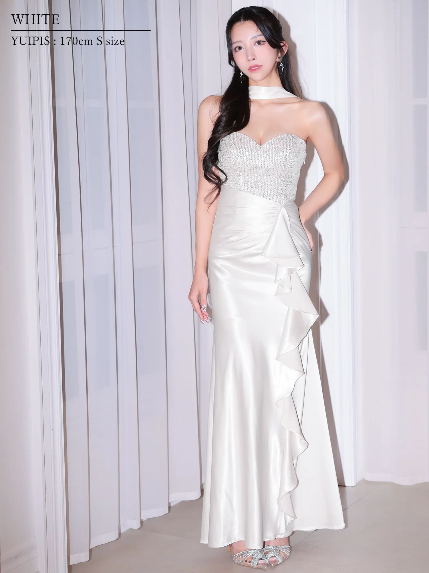 2way ベアトップ ハートカット チョーカー フロントスパンコール フリル マーメイドライン タイトロングドレスのイメージ画像7