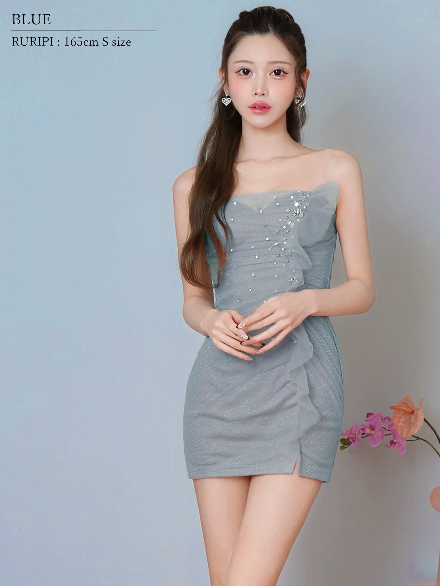 2way ベアトップ キャミソール Vカット チュール ビジュー フリル タイトミニドレスのイメージ画像4