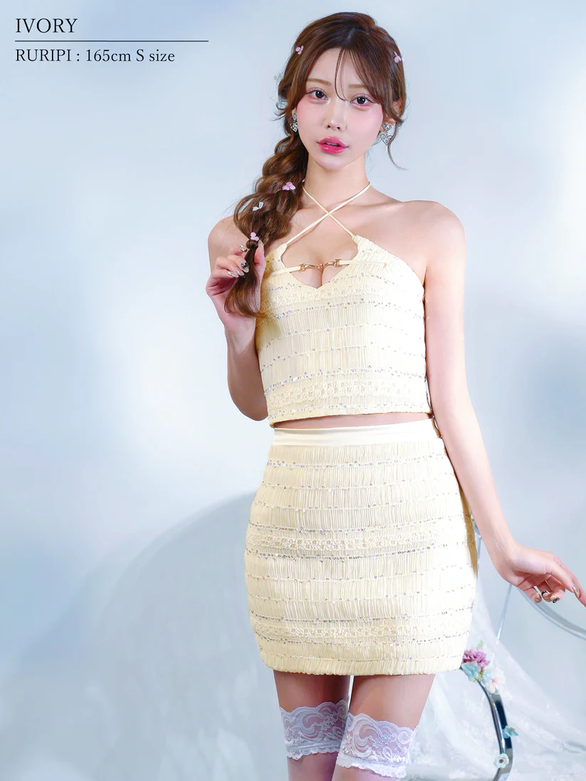 クロスネック ホルターネック バストチャーム スパンコール セットアップ タイトミニドレスのイメージ画像6