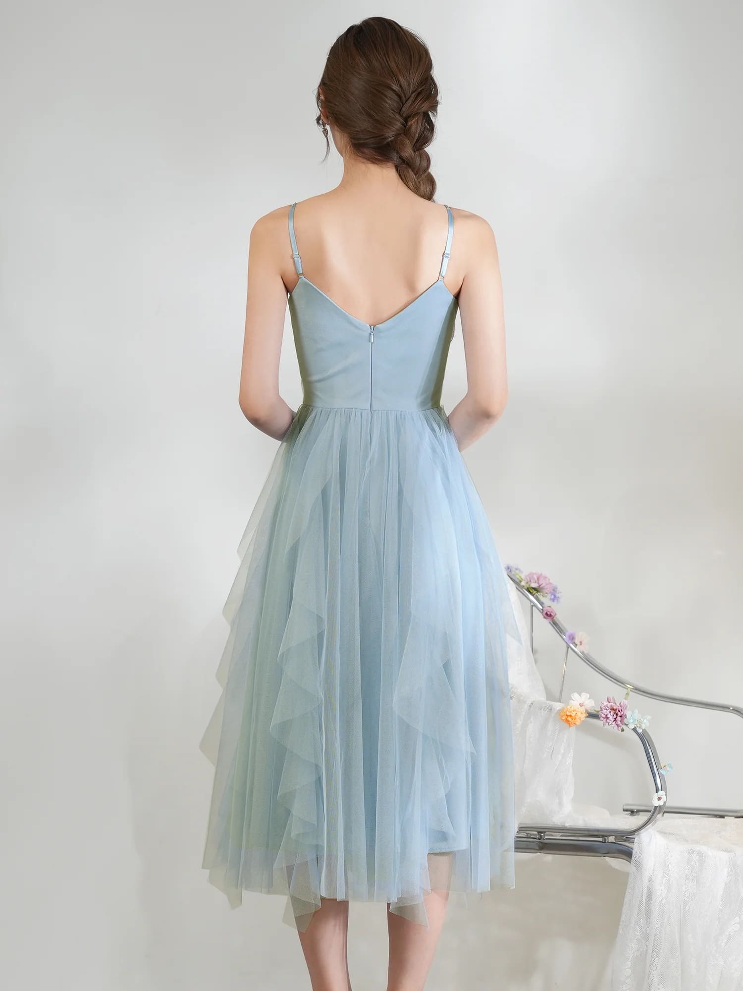 キャミソール バストレースアップ リボン サテン ビジュー フレア 膝丈ドレスのイメージ画像10