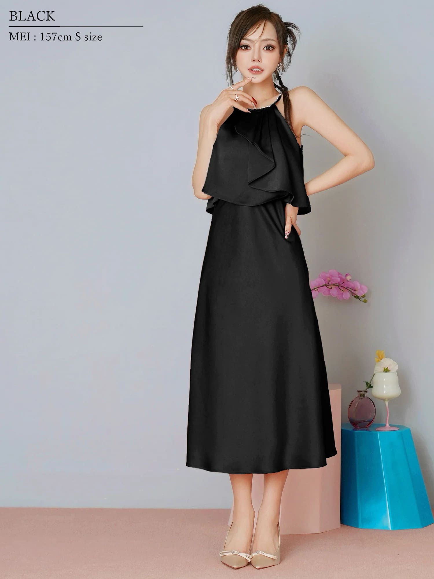 ビジュー ホルターネック ドレープフリル リボン サテン フレアロングドレスのイメージ画像5