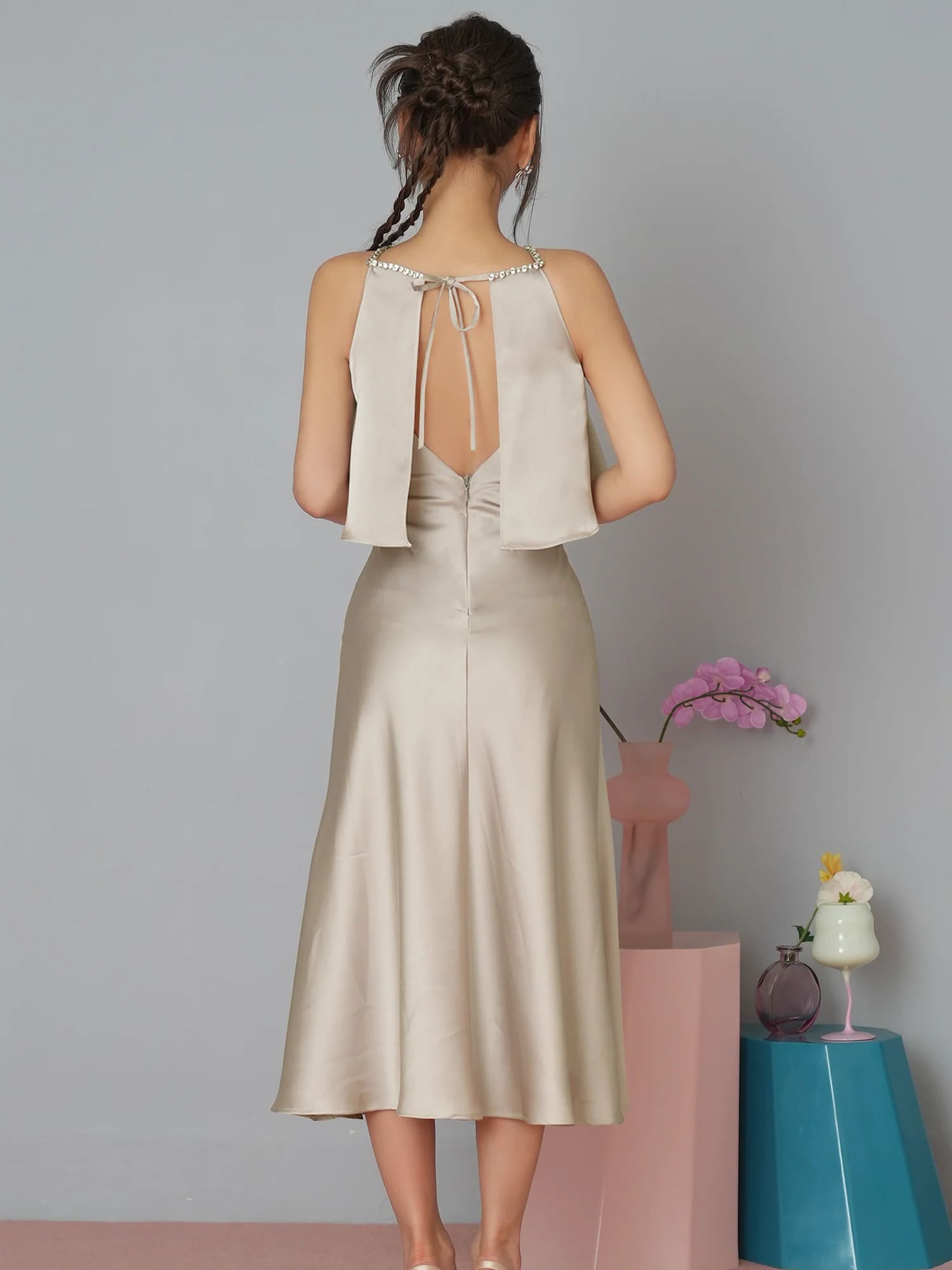 ビジュー ホルターネック ドレープフリル リボン サテン フレアロングドレスのイメージ画像6