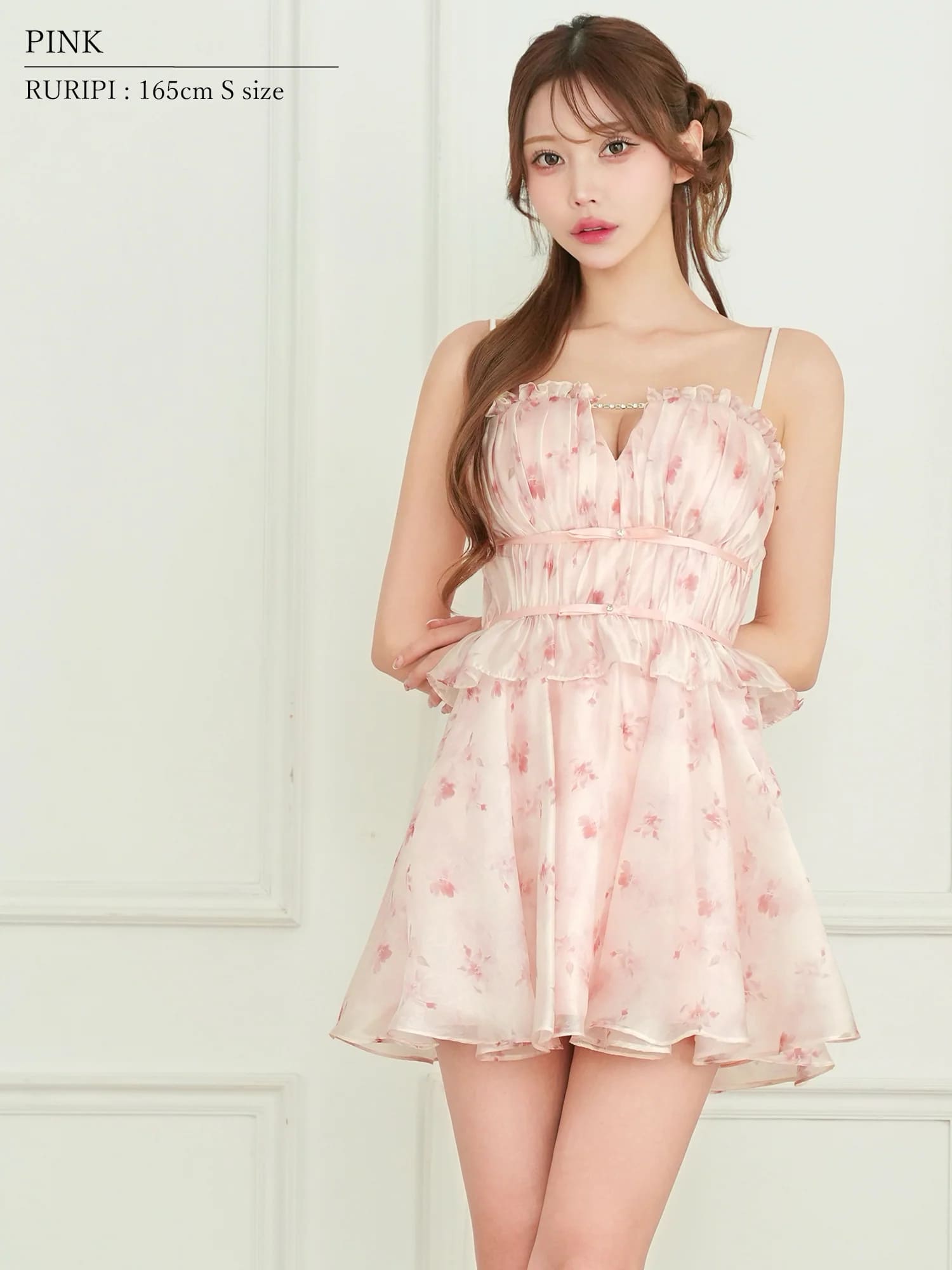 2way ベアトップ キャミソール オーガンジー 水彩フラワー ギャザーペプラム バストチェーン フレアミニドレスのイメージ画像2