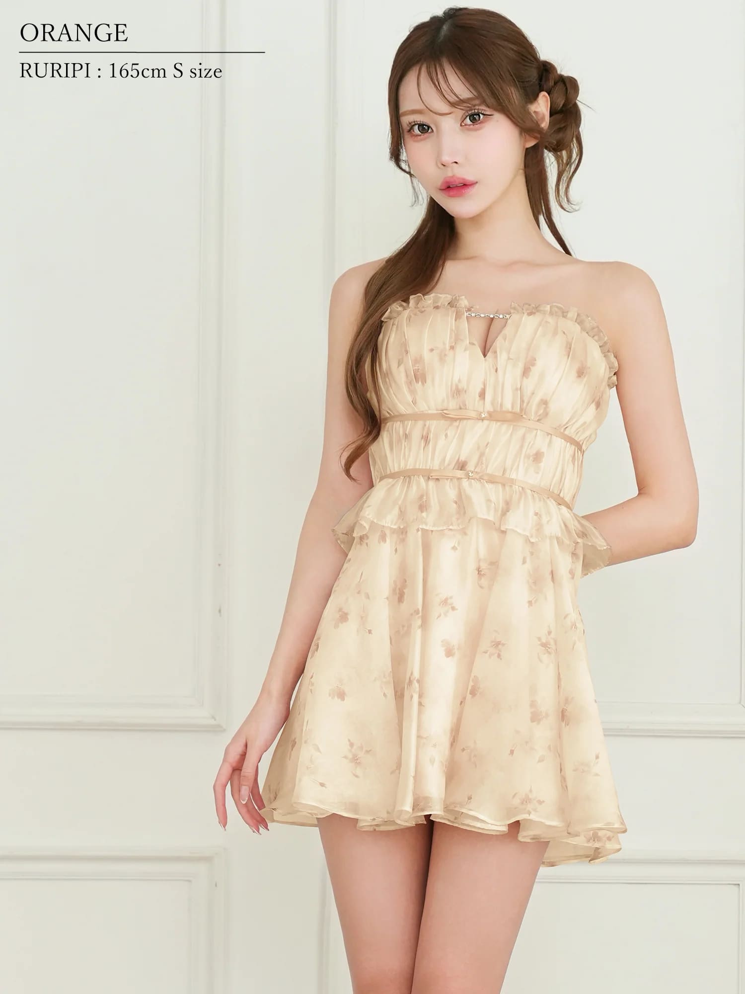 2way ベアトップ キャミソール オーガンジー 水彩フラワー ギャザーペプラム バストチェーン フレアミニドレスのイメージ画像3